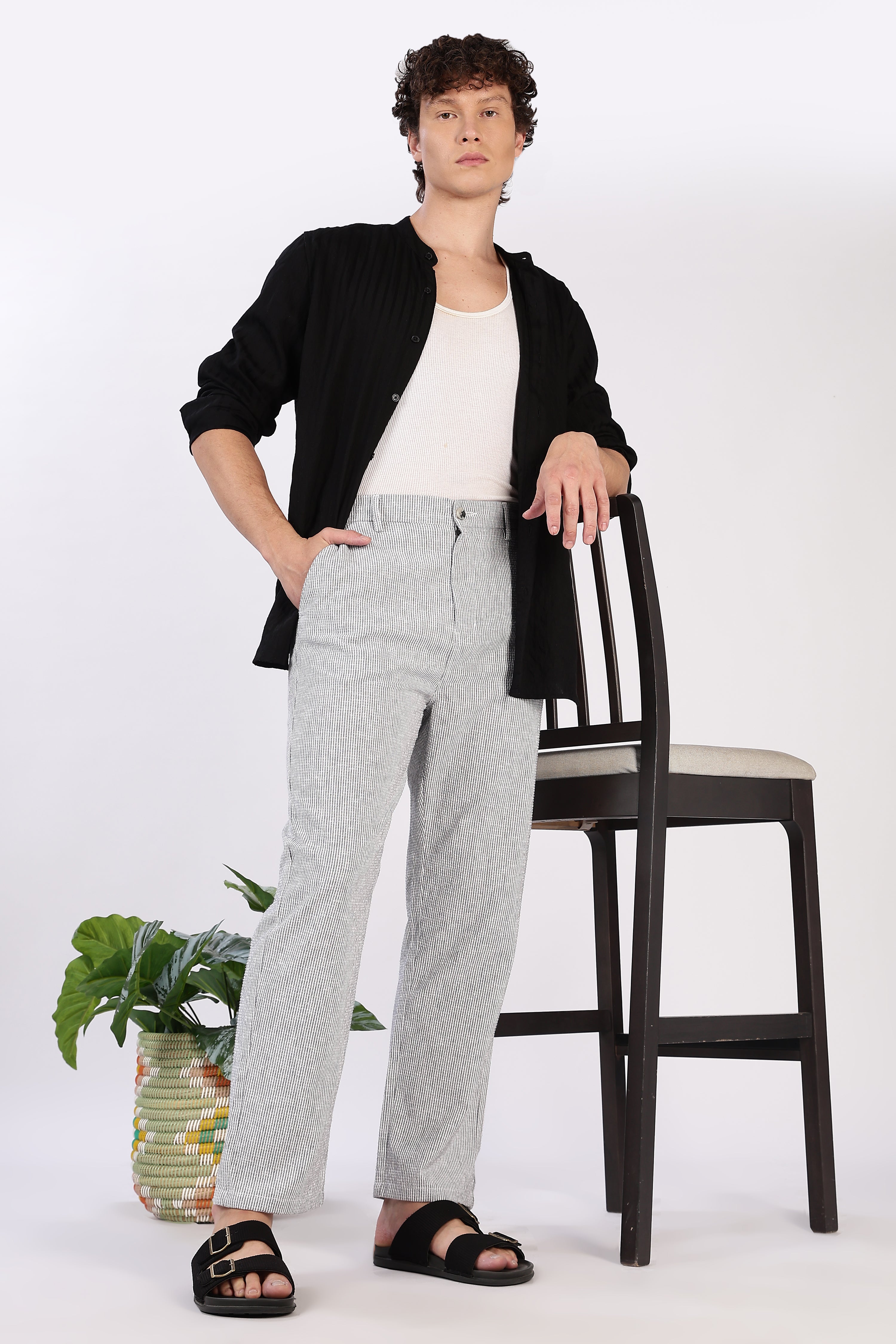 Seer Sucker 100% Cotton Straight Fit Grey Pant