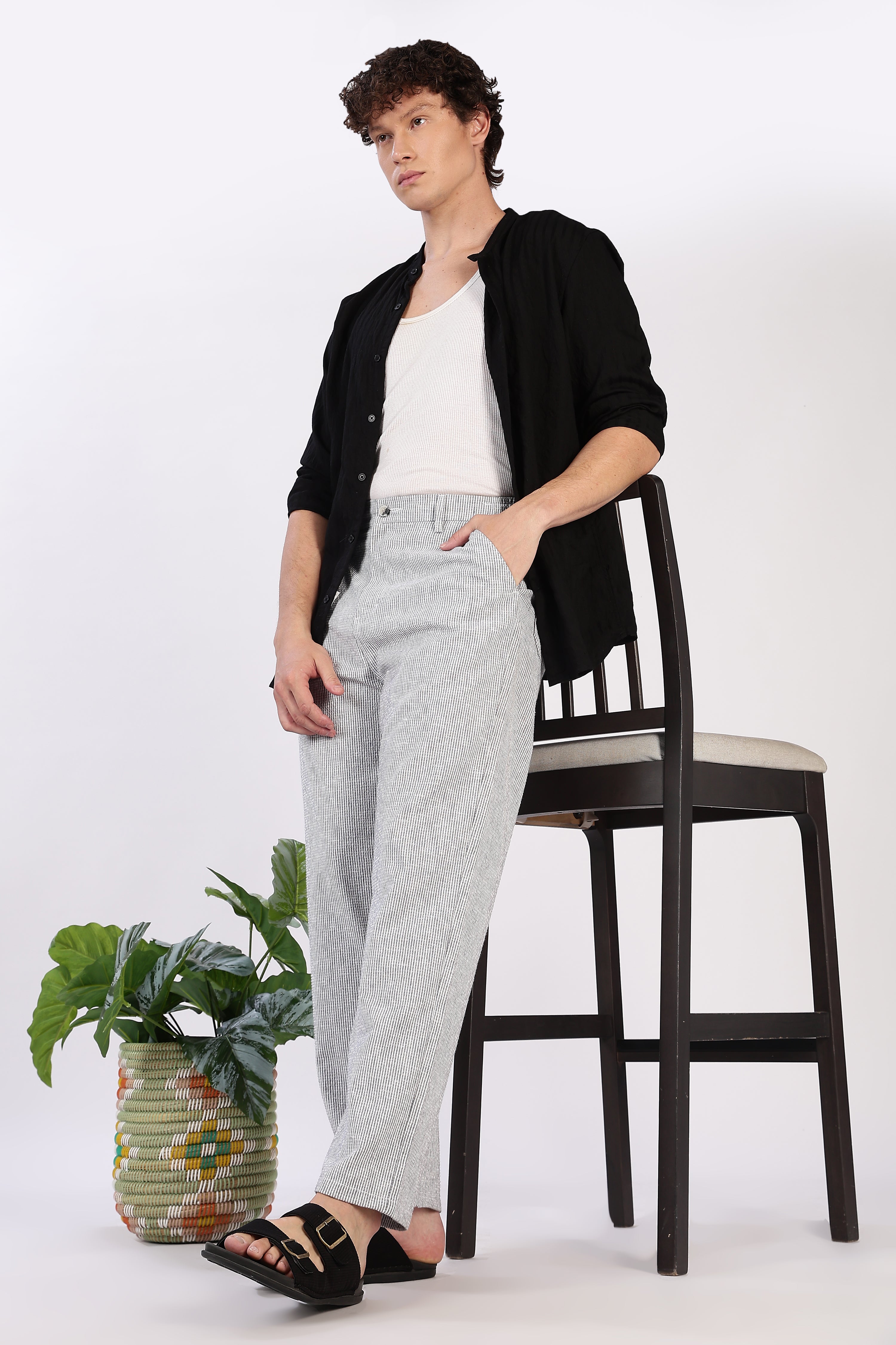 Seer Sucker 100% Cotton Straight Fit Grey Pant