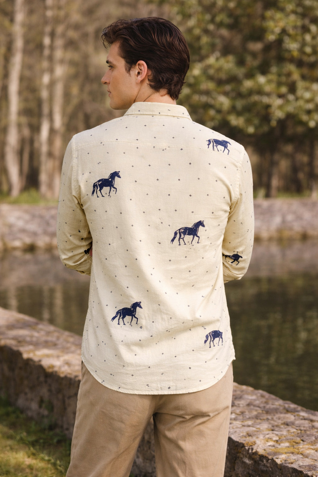 Desert Horse Motif Cotton Regular Fit Beige Printed  Shirt