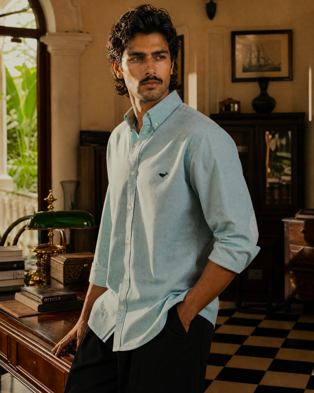 Fine Count Oxford- Broad Collar and Elbow Patches Sky Blue Shirt