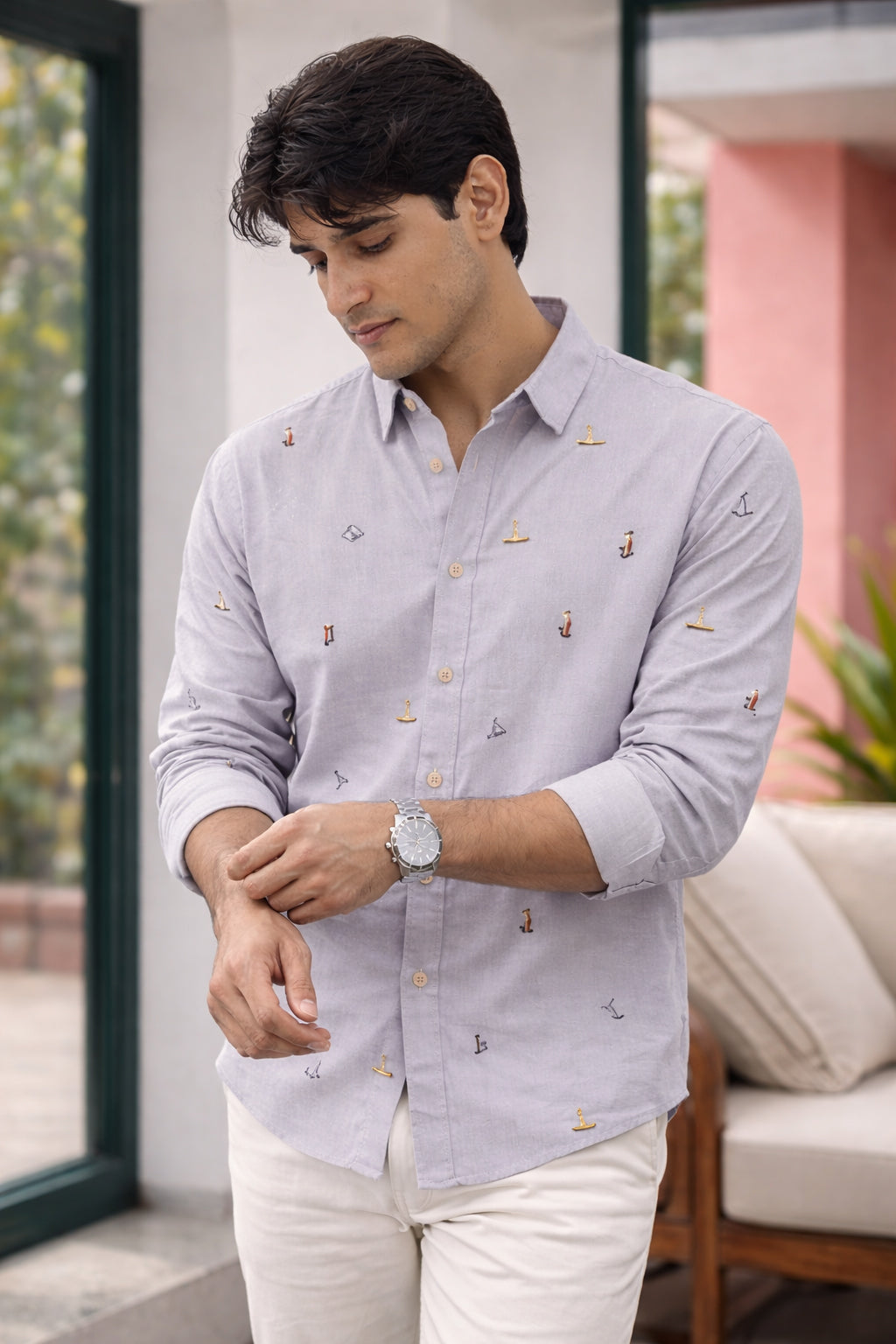 Grey Surfscape Motif Embroidered Cotton Shirt