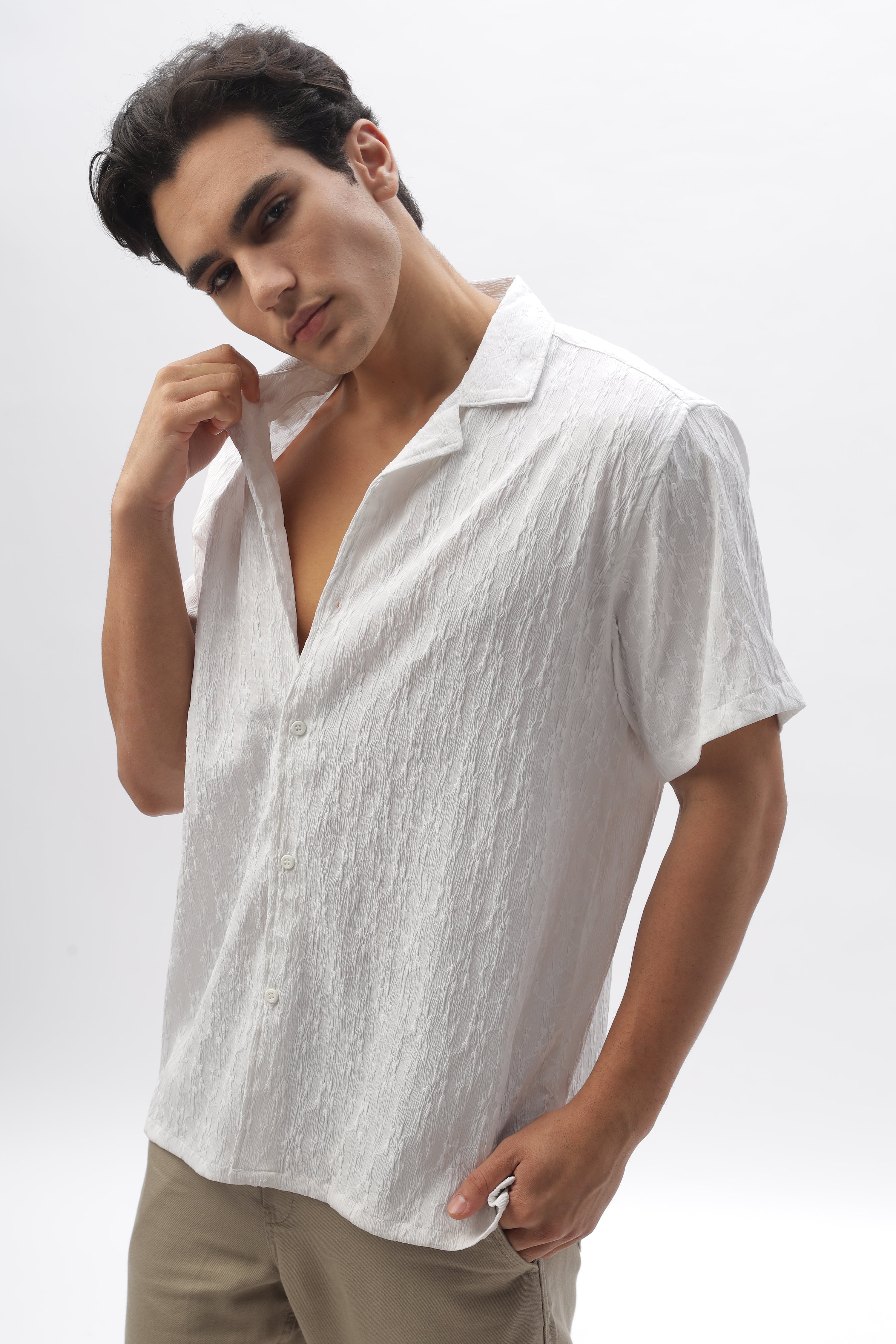 Tulum White Textured Cuban Collar Shirt