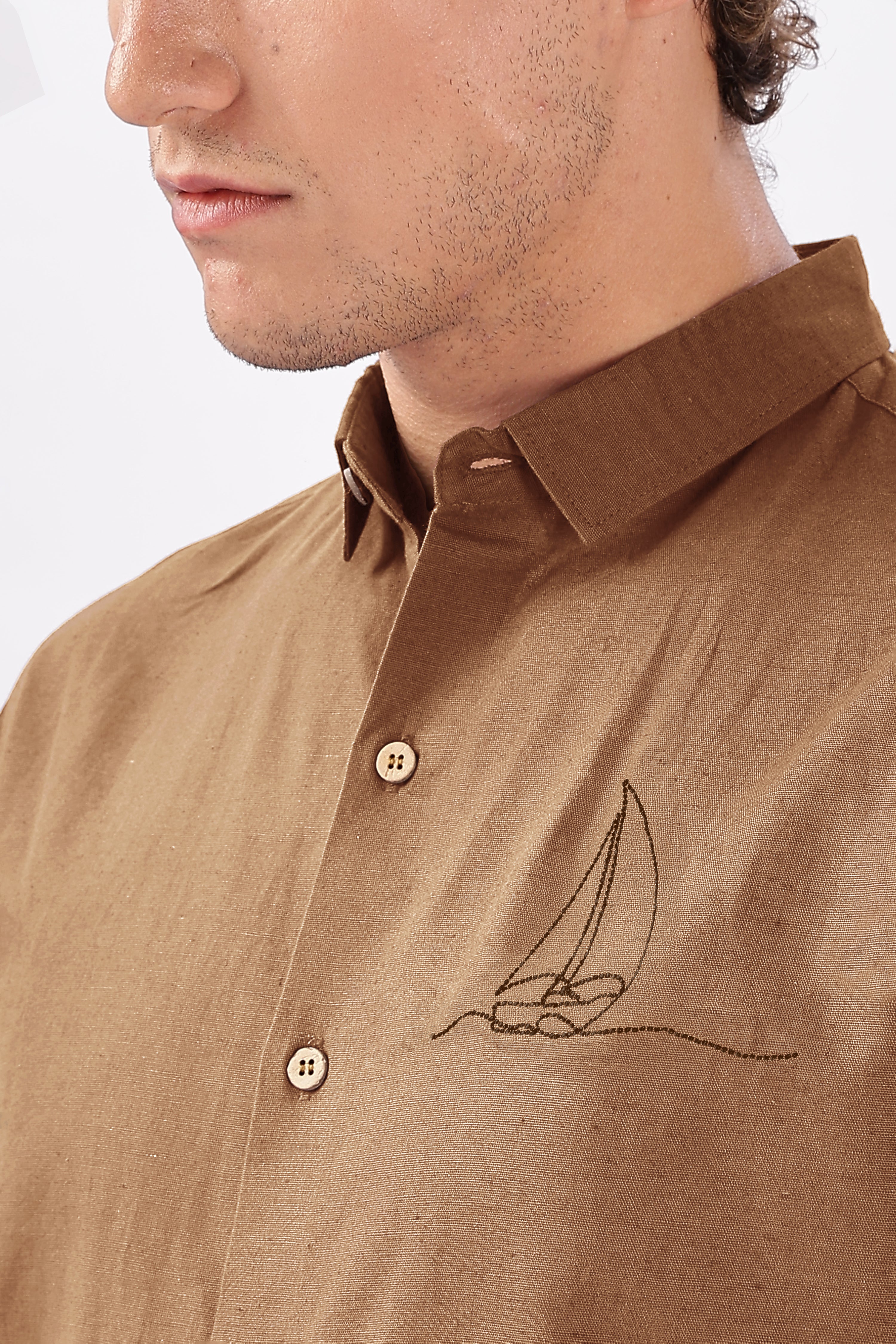 Harbor Drift Cotton Regular Fit Brown Embroidered Shirt