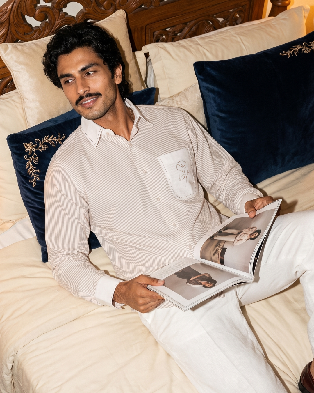 Floral Contrast Pocket Pinstripe Wide Collar Shirt
