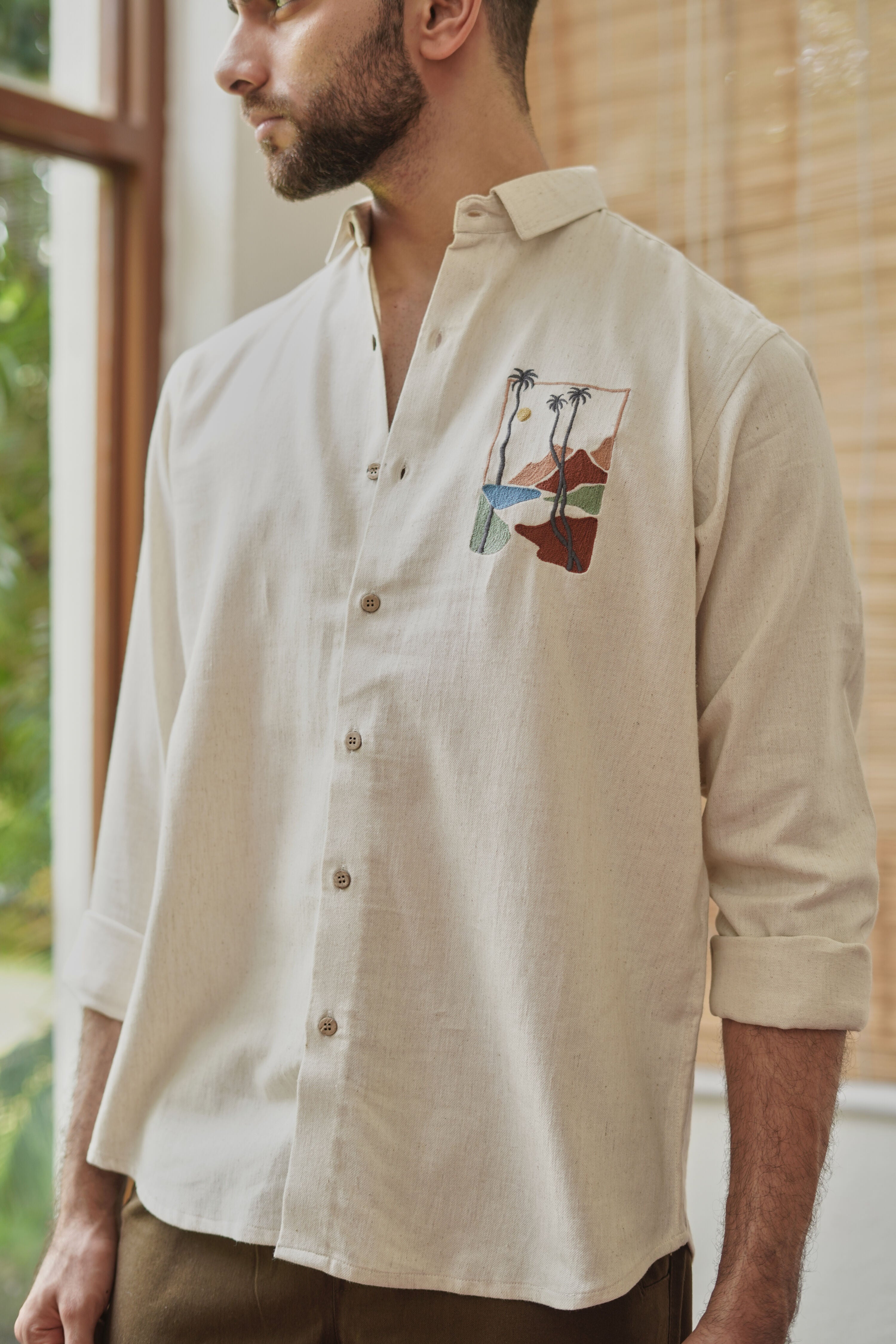Beige cotton embroidered shirt with sunset and dune motif - Sundowner Mirage by Hamptons