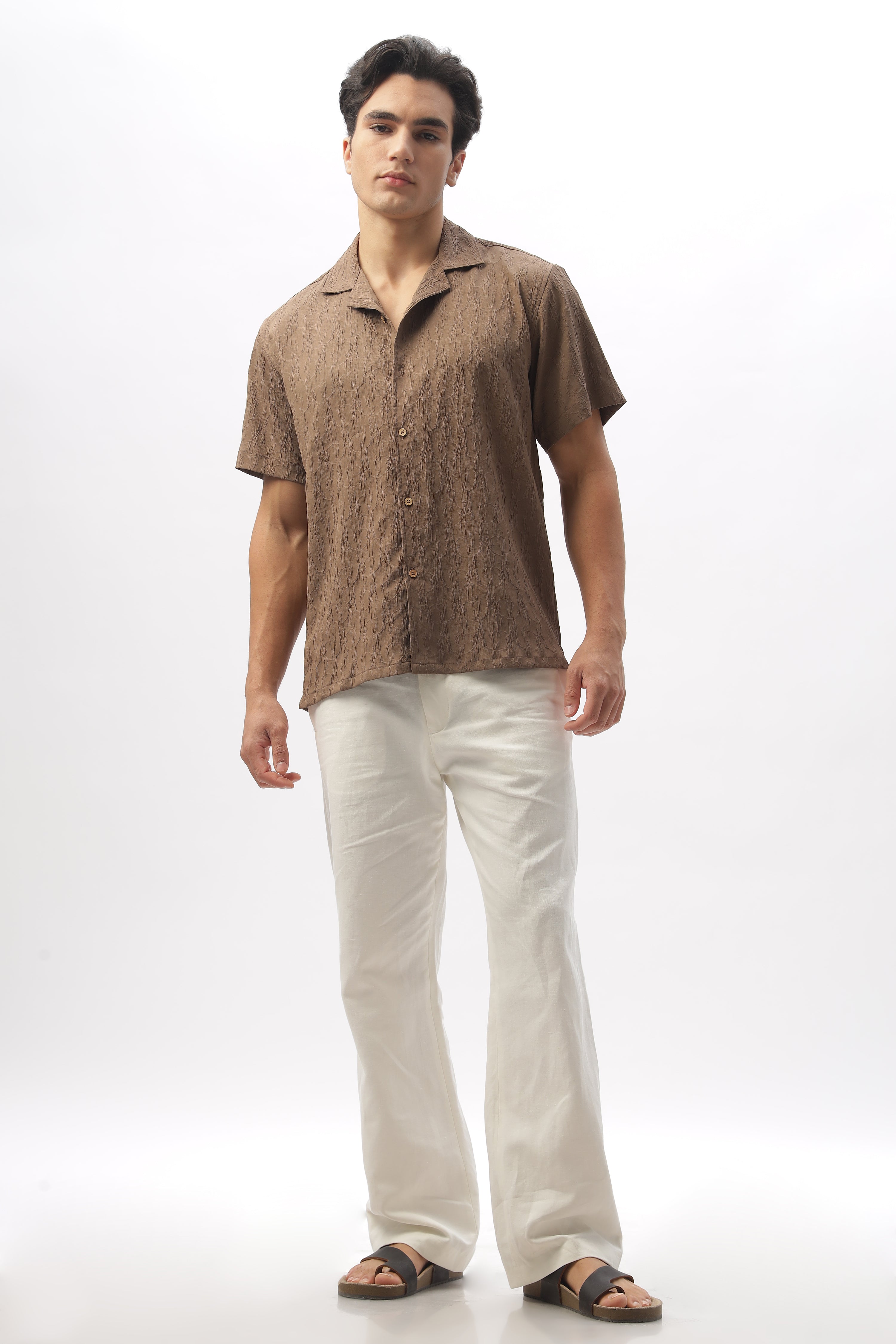 Masai Mara Brown Textured Cuban Collar Shirt