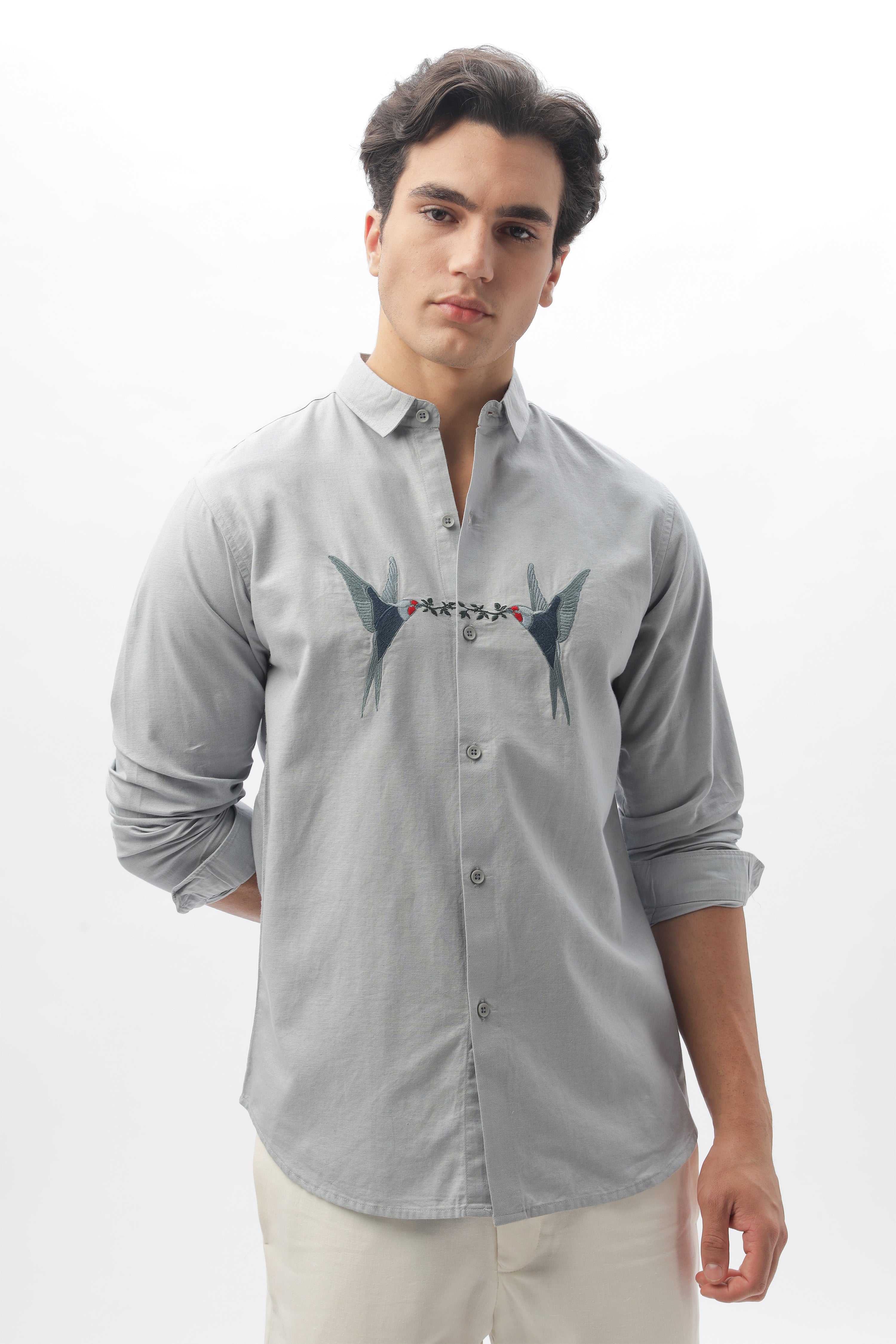 Venice Grey Birds of Heaven Embroidery Linen Shirt