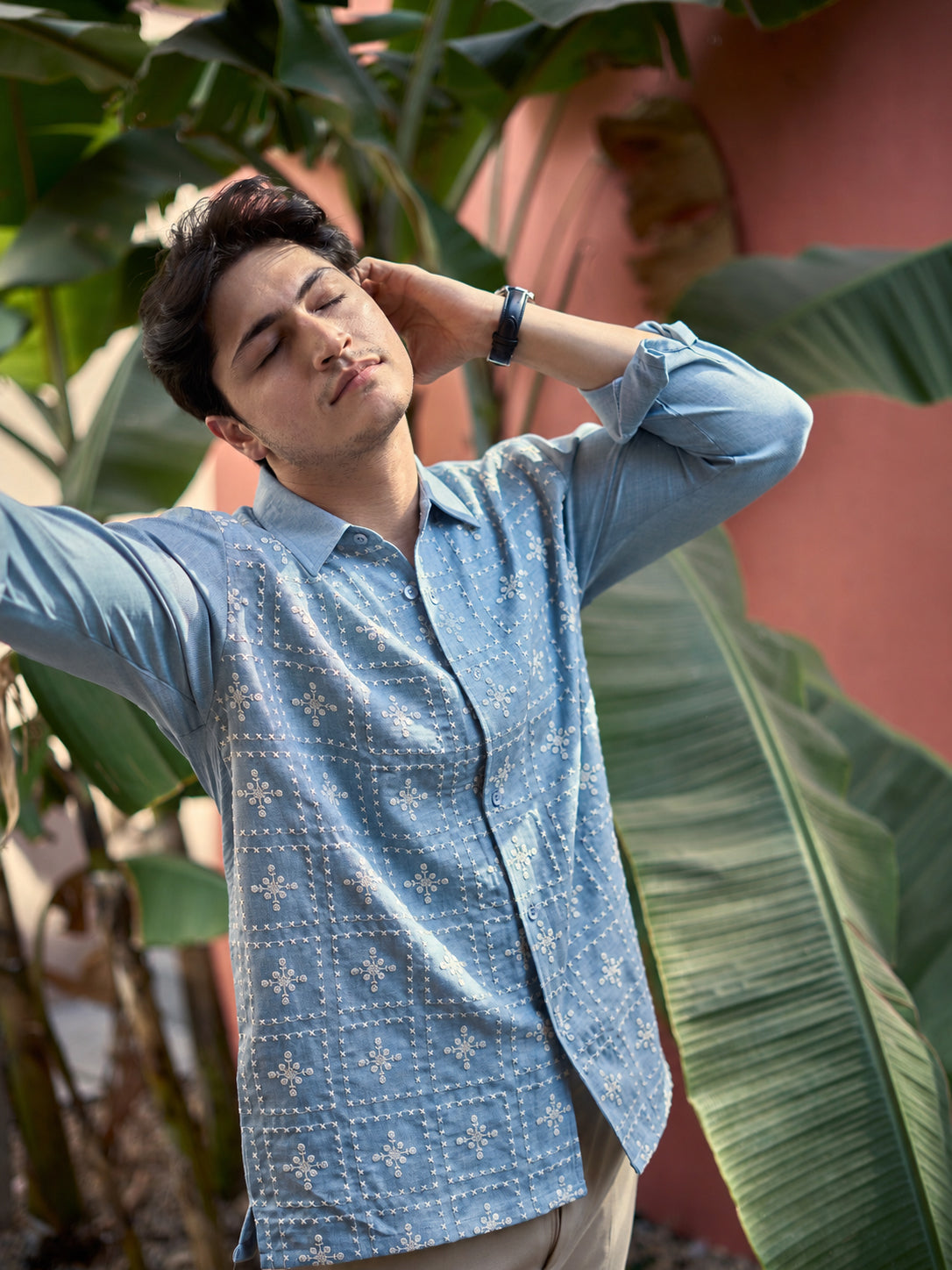 River Blue All Over Cotton Regular Fit Blue Embroidered Shirt