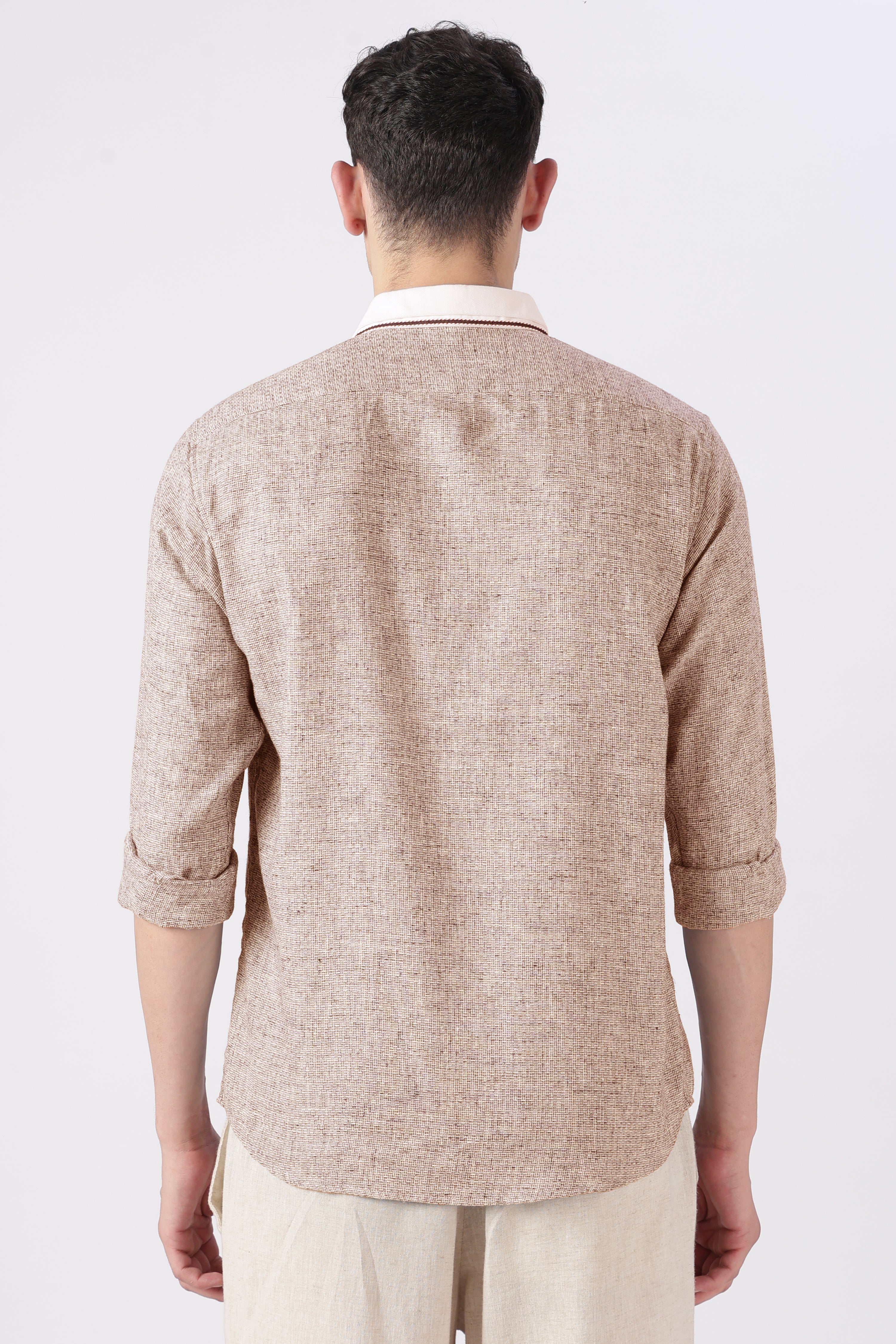 Italia Stamp Cotton Regular Fit Brown Embroidered Shirt