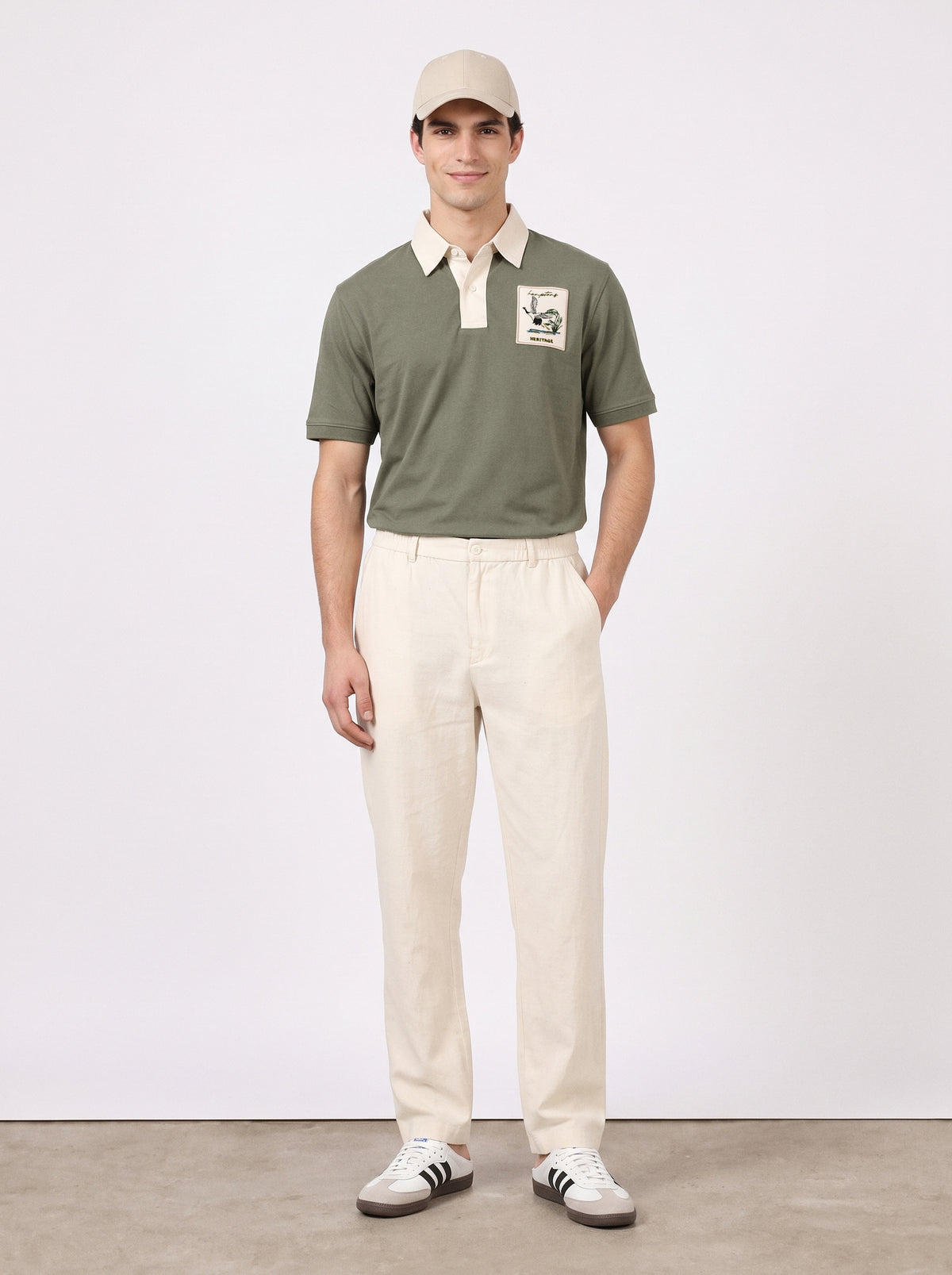 Heritage Heron Cotton Contrast Collar Green Embroidered T-Shirt