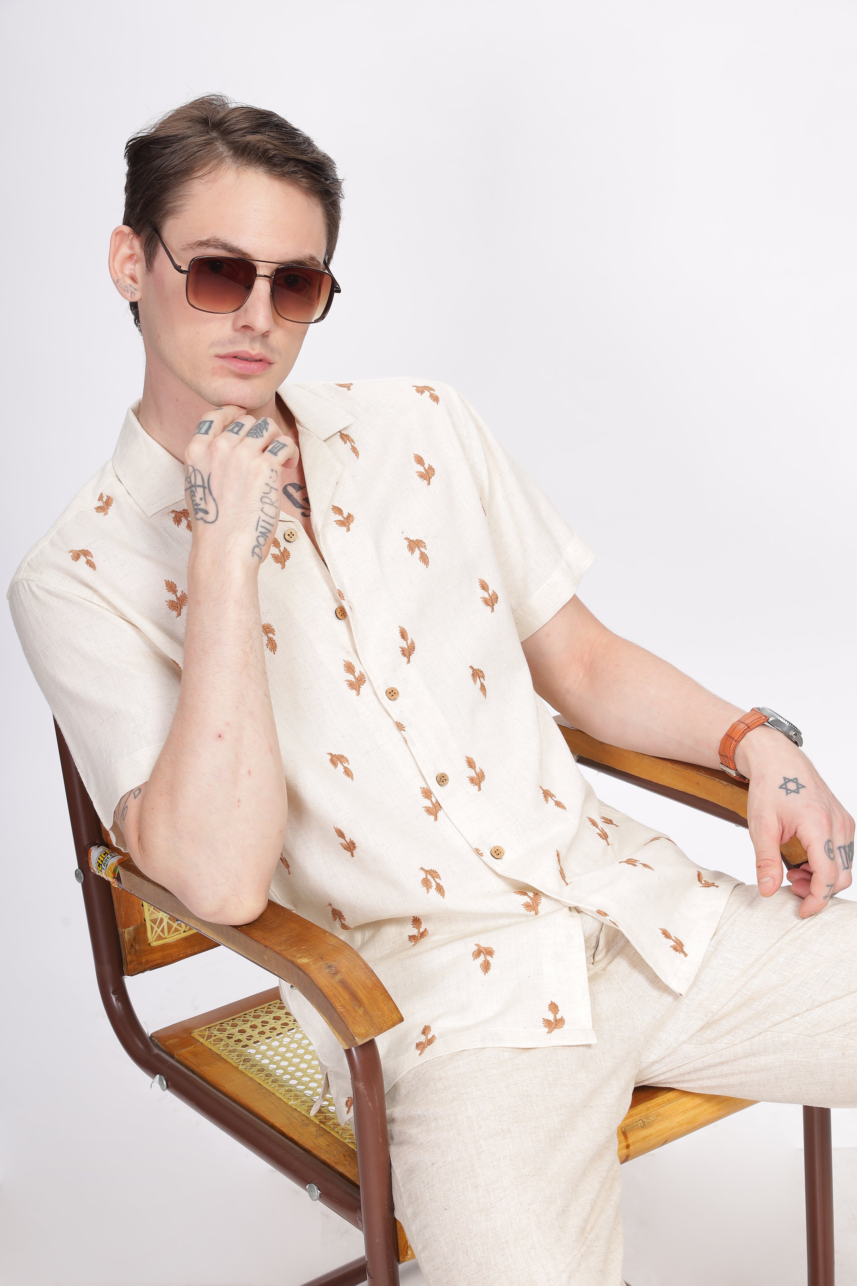 Milan Beige All-Over Embroidery Camp Collar Shirt