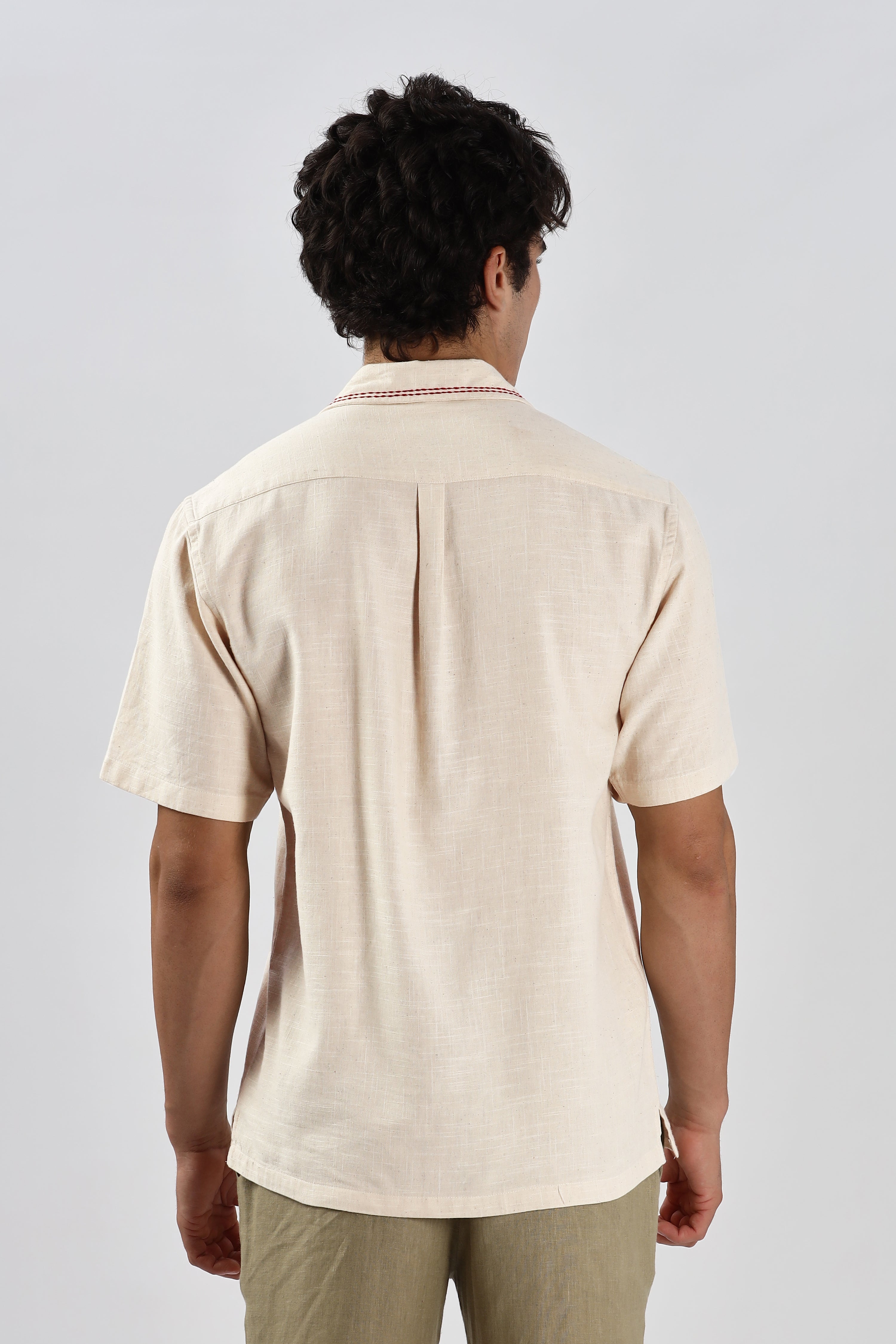 Cherry Cotton Box Fit Caribbean Beige Embroidery Shirt