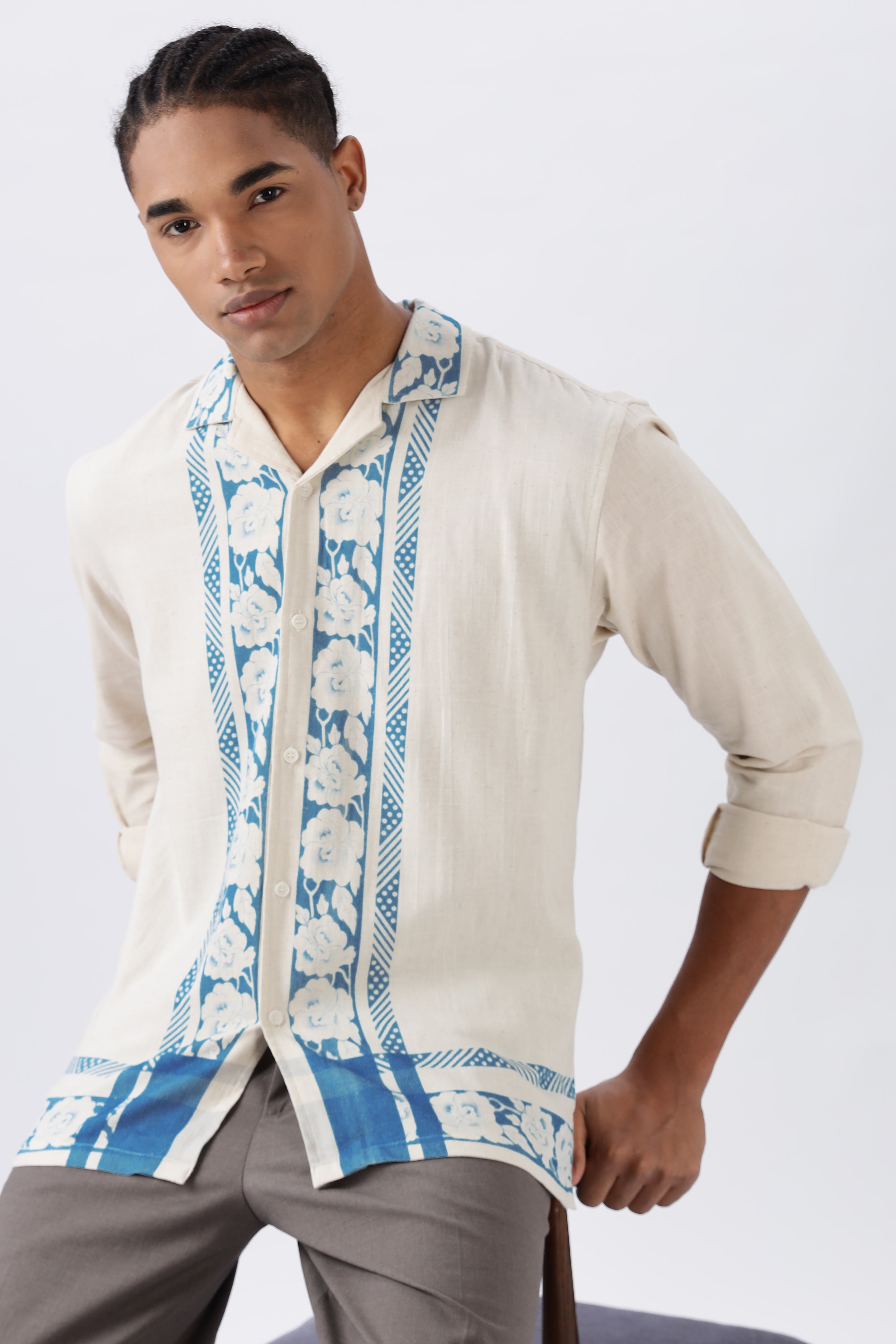 Bloom Summer Panel Cotton Box Fit Beige Shirt