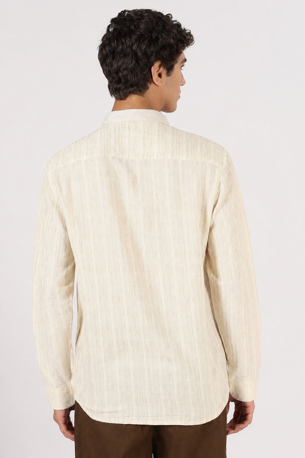 Textured Johnny Collar Cotton Regular Fit Beige Striped  Henley Shirt