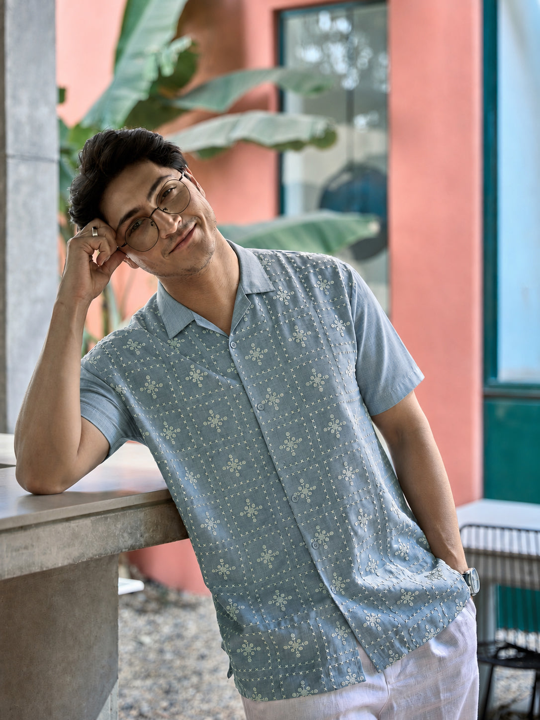 River Blue All Over Cotton Box Fit Blue Half Sleev Embroidered Shirt