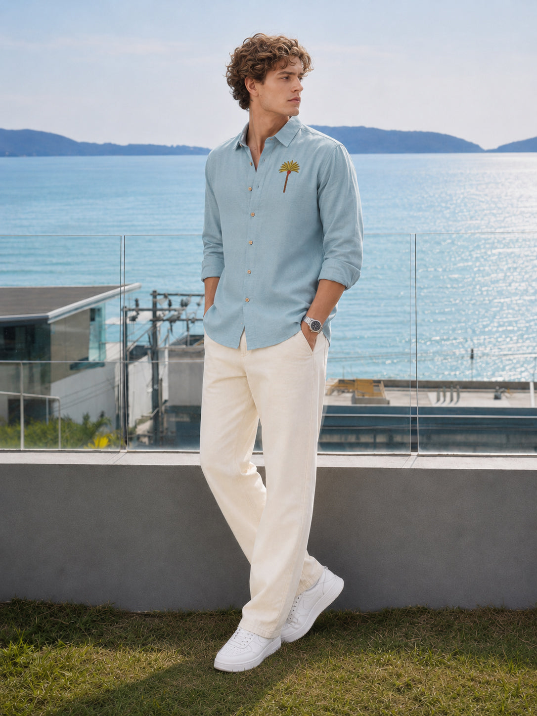 Palm Cove Breeze Cotton Regular Fit Blue Embroidered Shirt