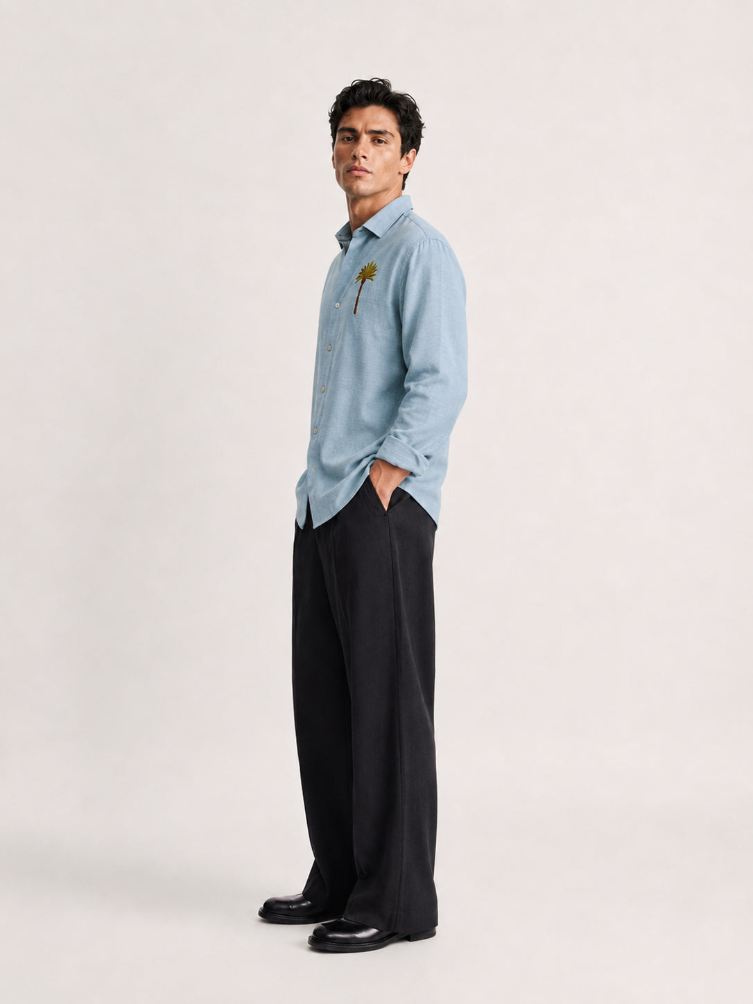 Palm Cove Breeze Cotton Regular Fit Blue Embroidered Shirt
