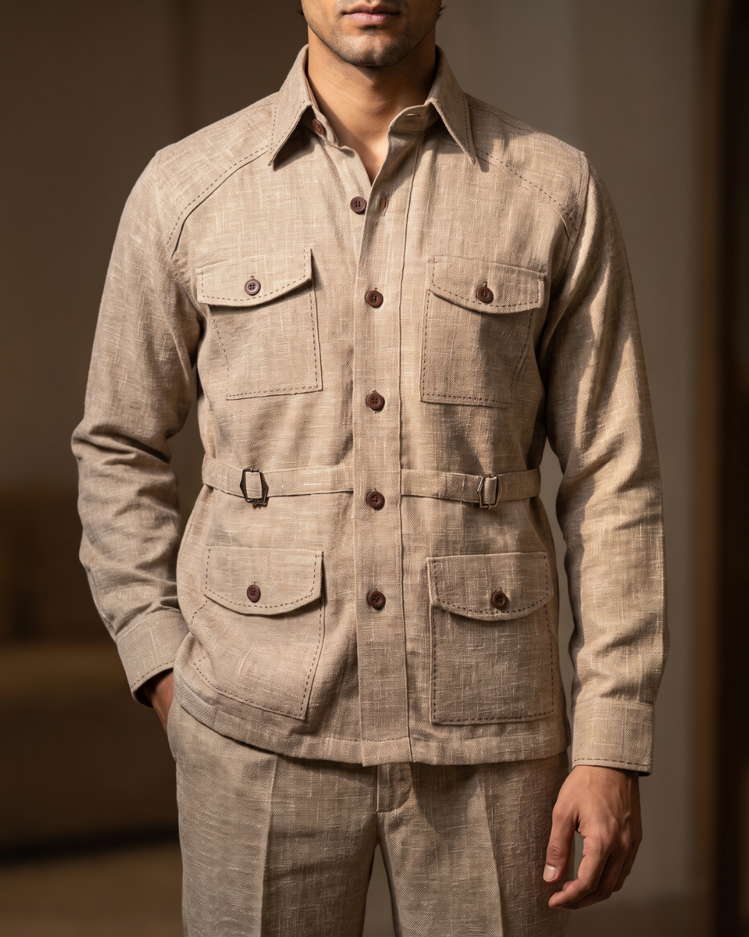 Strap Utility Safari Style Brown Cotton Co-ordinated Outfits for Men