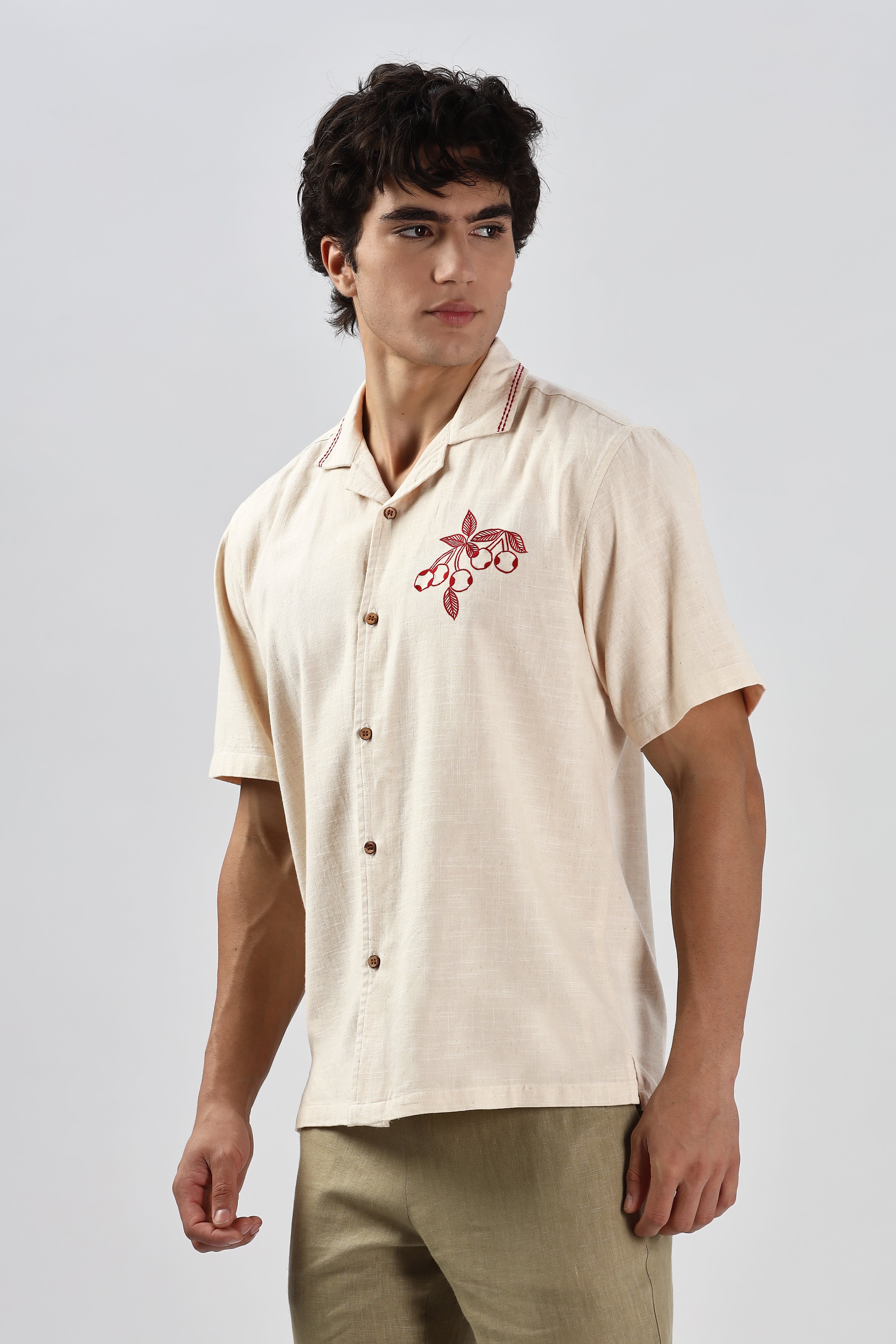 Cherry Cotton Box Fit Caribbean Beige Embroidery Shirt