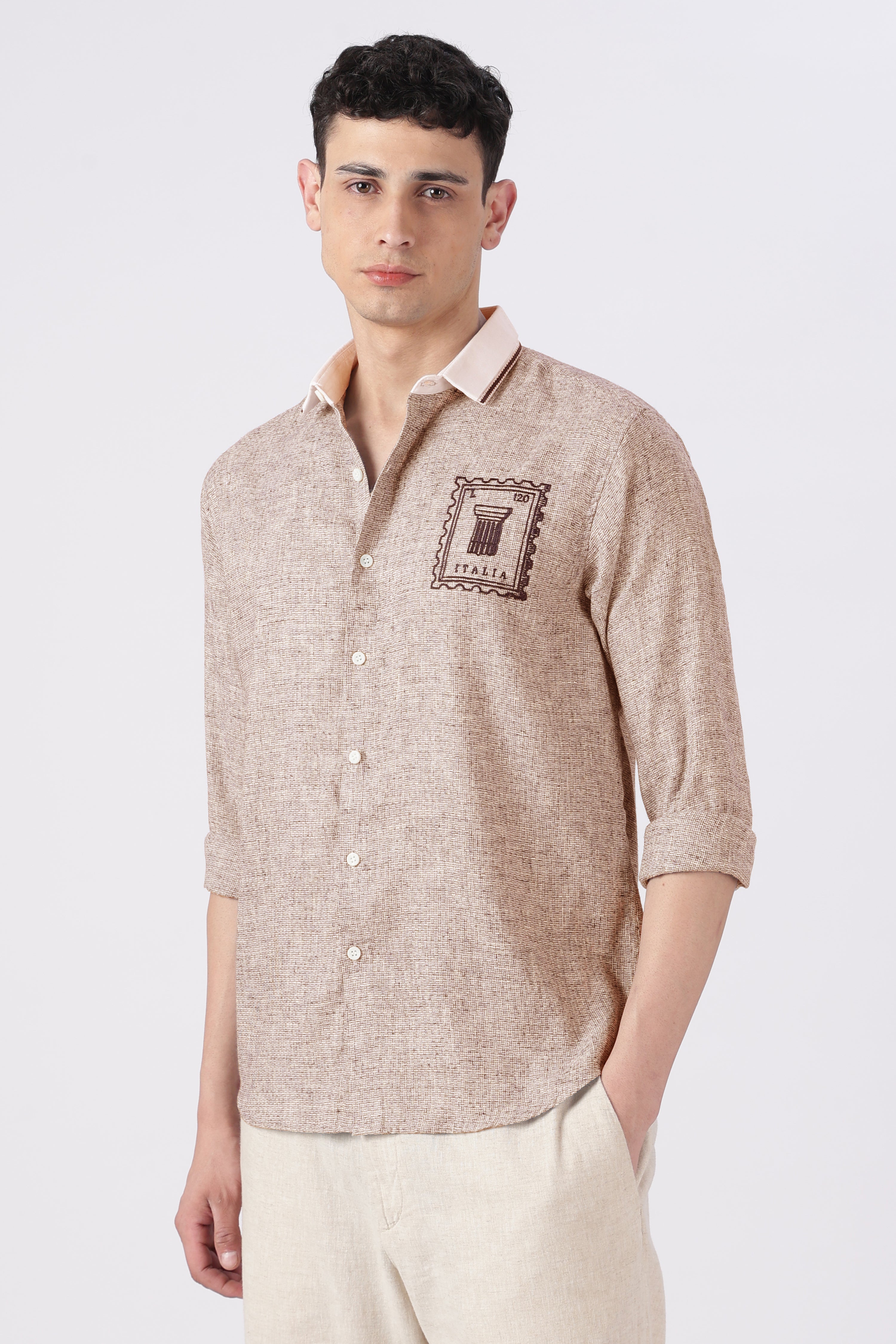 Italia Stamp Cotton Regular Fit Brown Embroidered Shirt