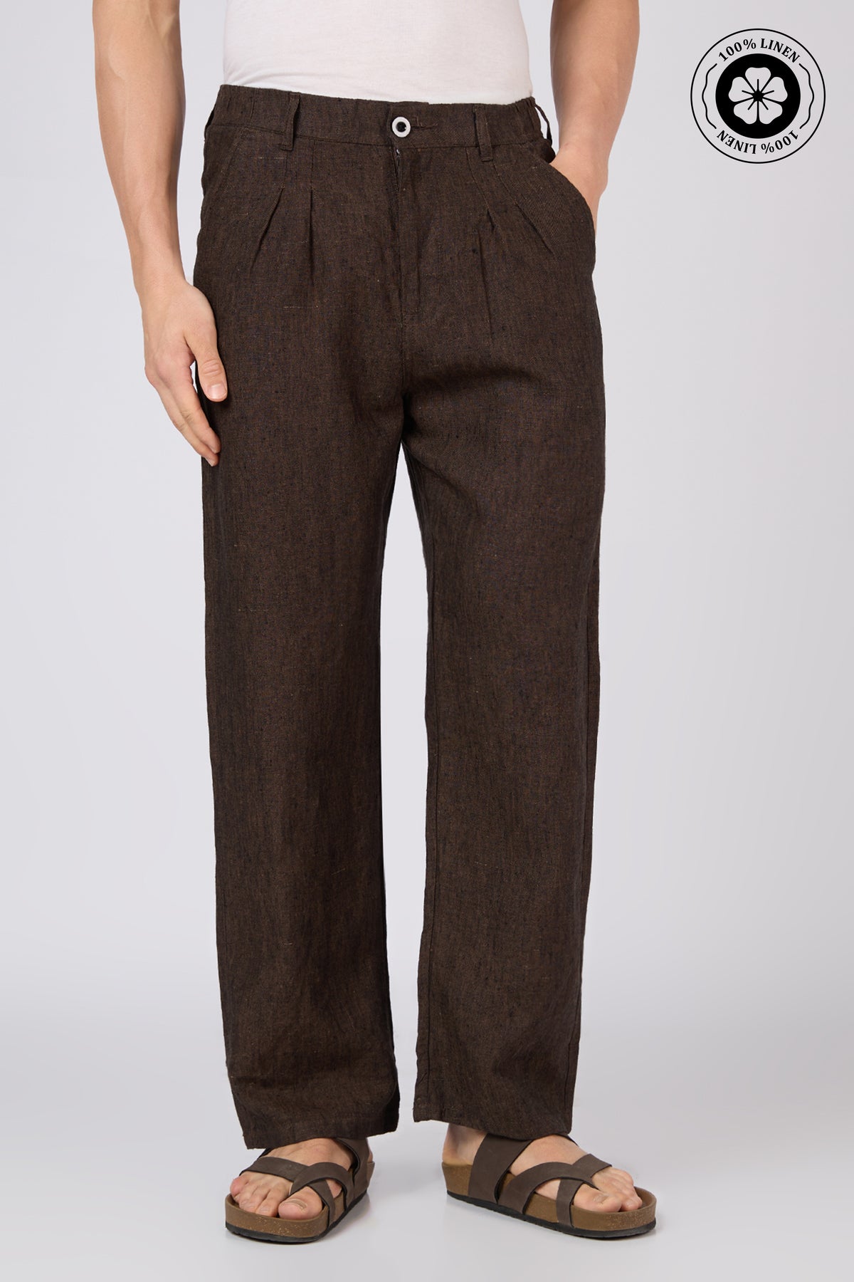 Amaterasu Linen-style 100% Pure Linen Straight Fit Pleated Brown pants