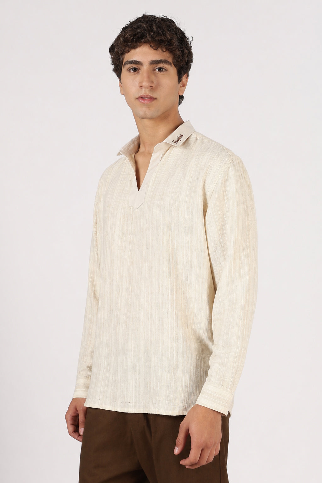 Textured Johnny Collar Cotton Regular Fit Beige Striped  Henley Shirt