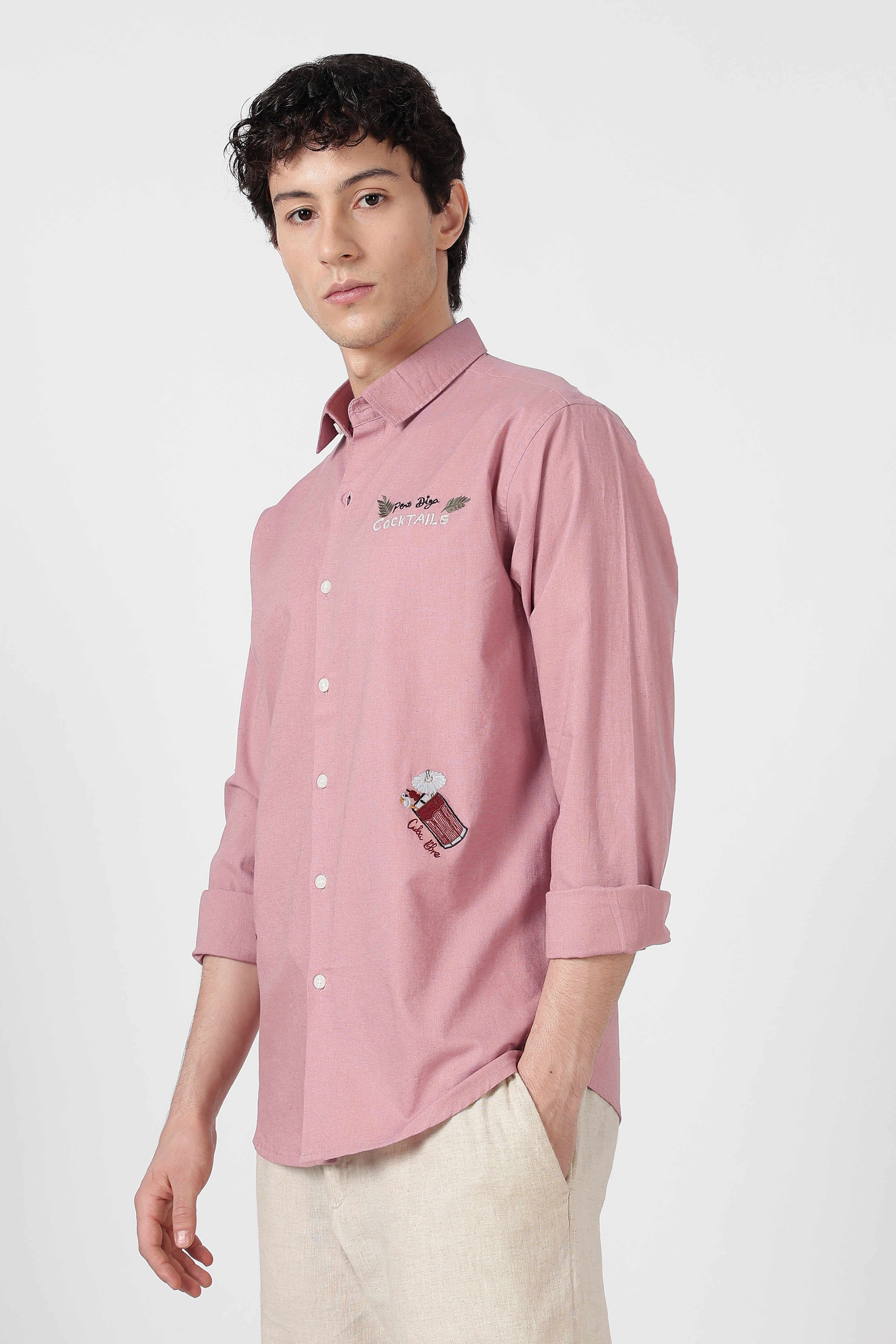 Cocktail-Themed Cotton Regular Fit Dusty Pink Embroidered Shirt