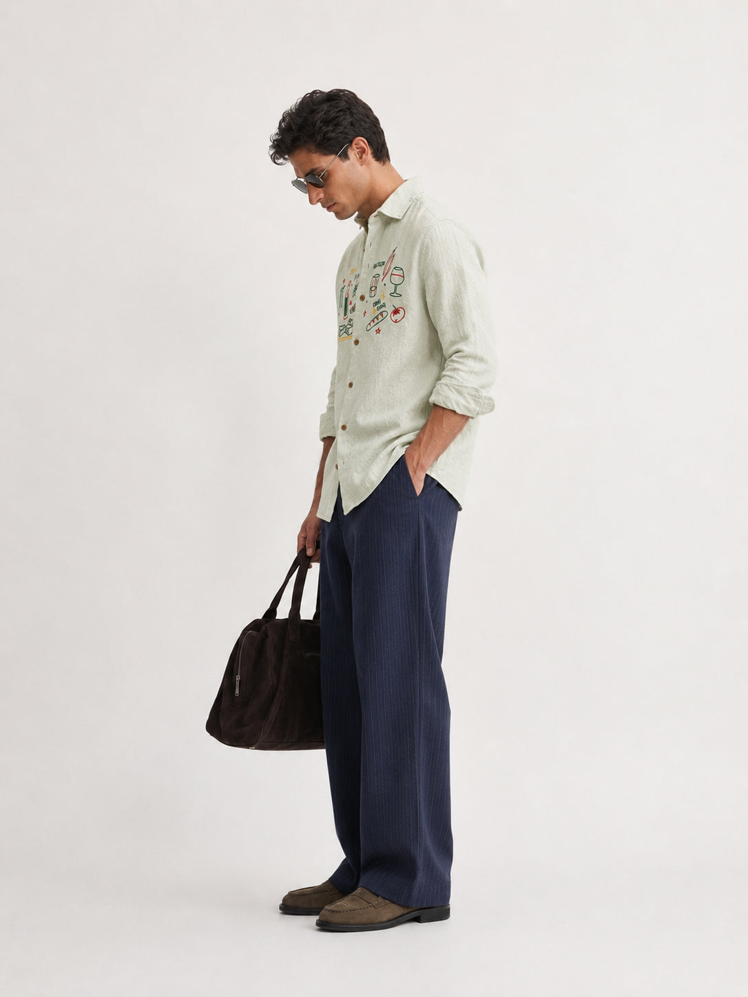 Playful Vacation Cotton Regular Fit Sage Green Embroidered Shirt