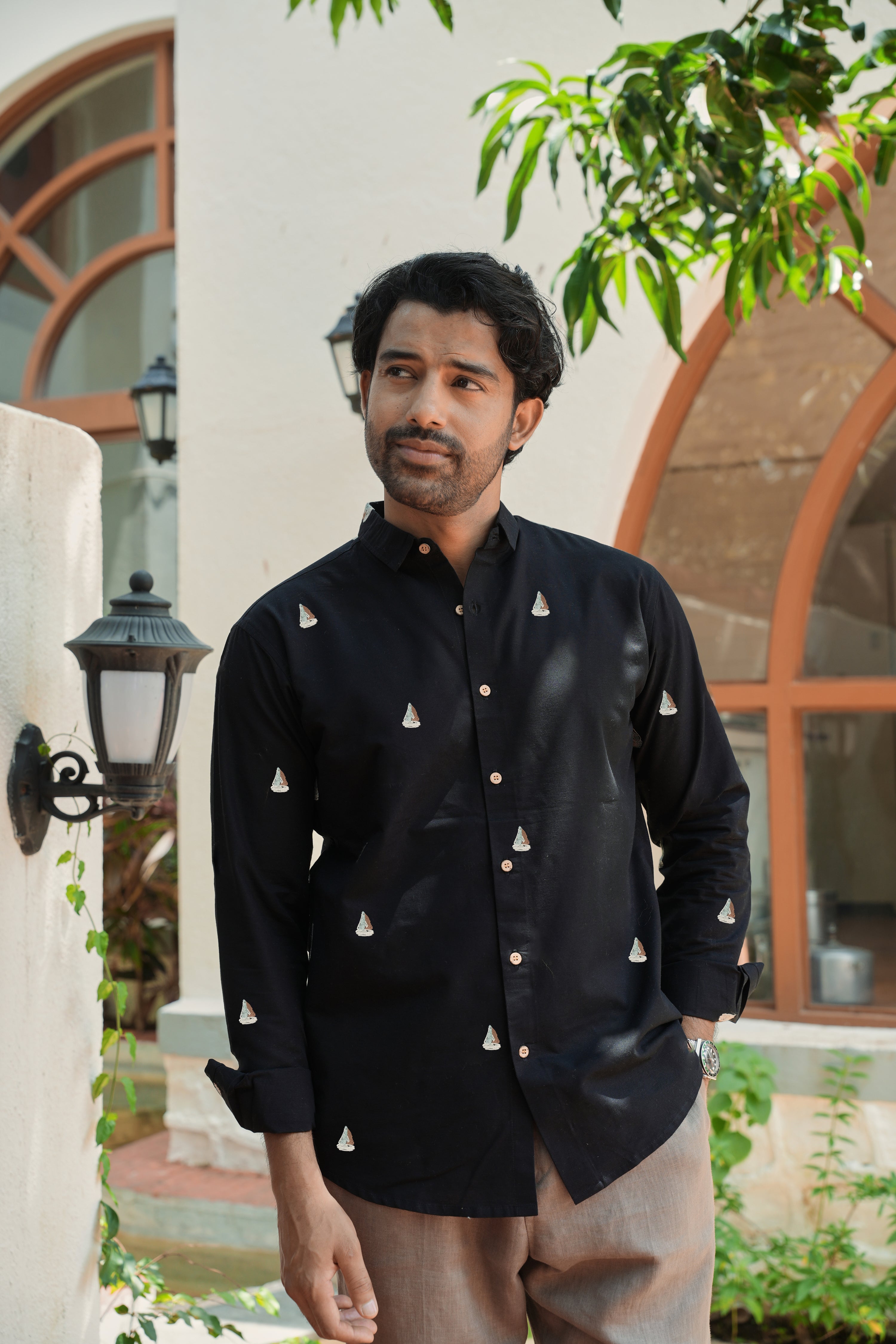 Midnight Nautical Sailboat Black Embroidered Shirt