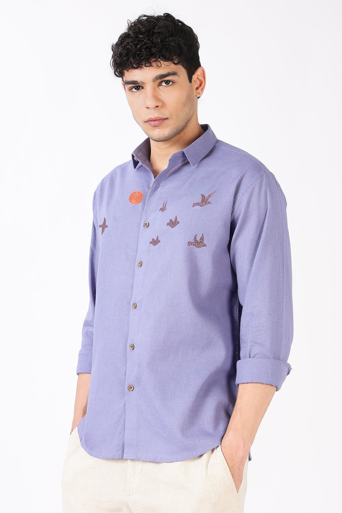 Sunflight Flock Cotton Regular Fit Lavender Embroidered Shirt
