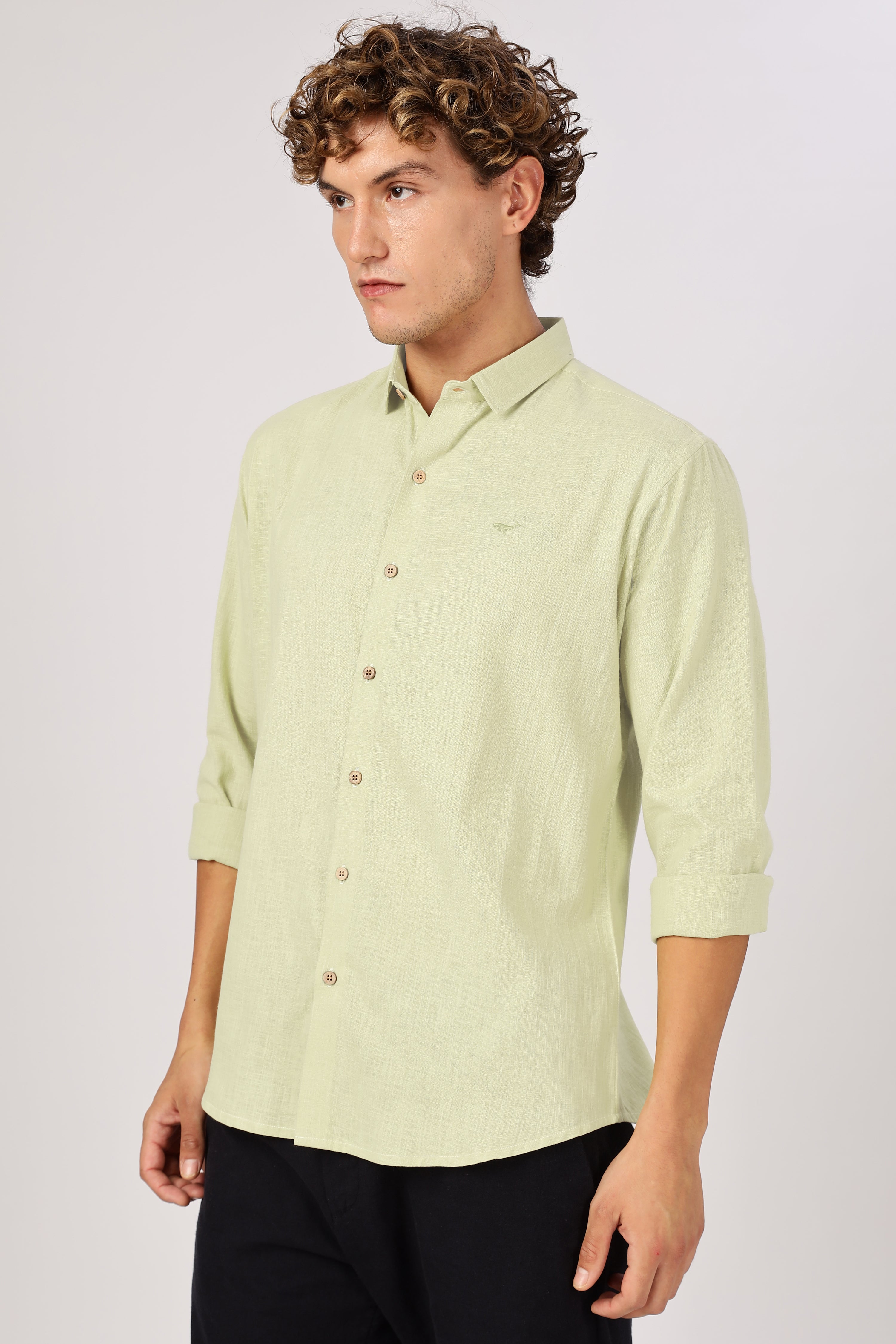 Light Green 100% Cotton Mock-Linen Essential Shirt