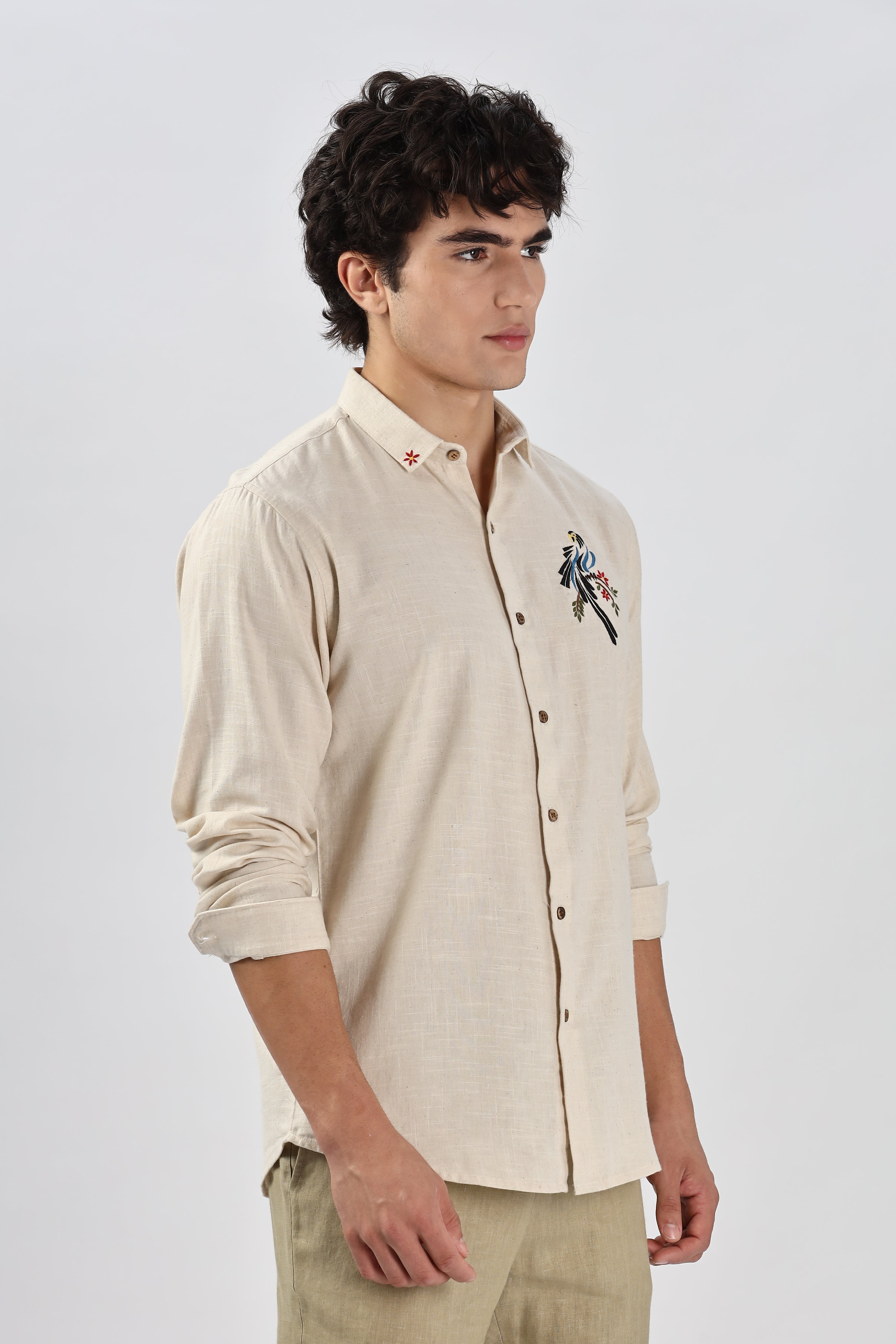 Bambaiya Beige Perroquet Embroidery Shirt