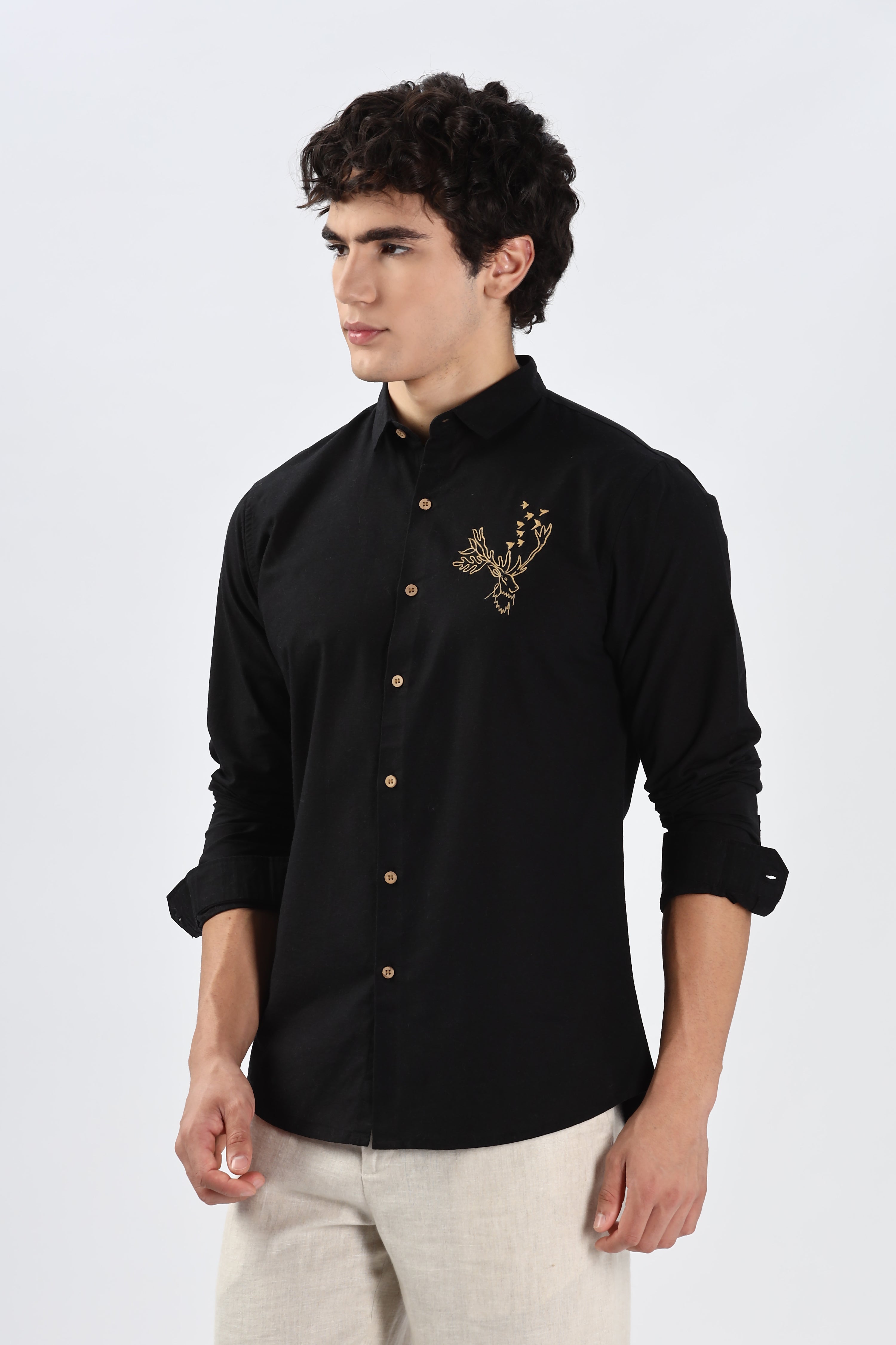 Artic Reindeer Black Embroidery Shirt