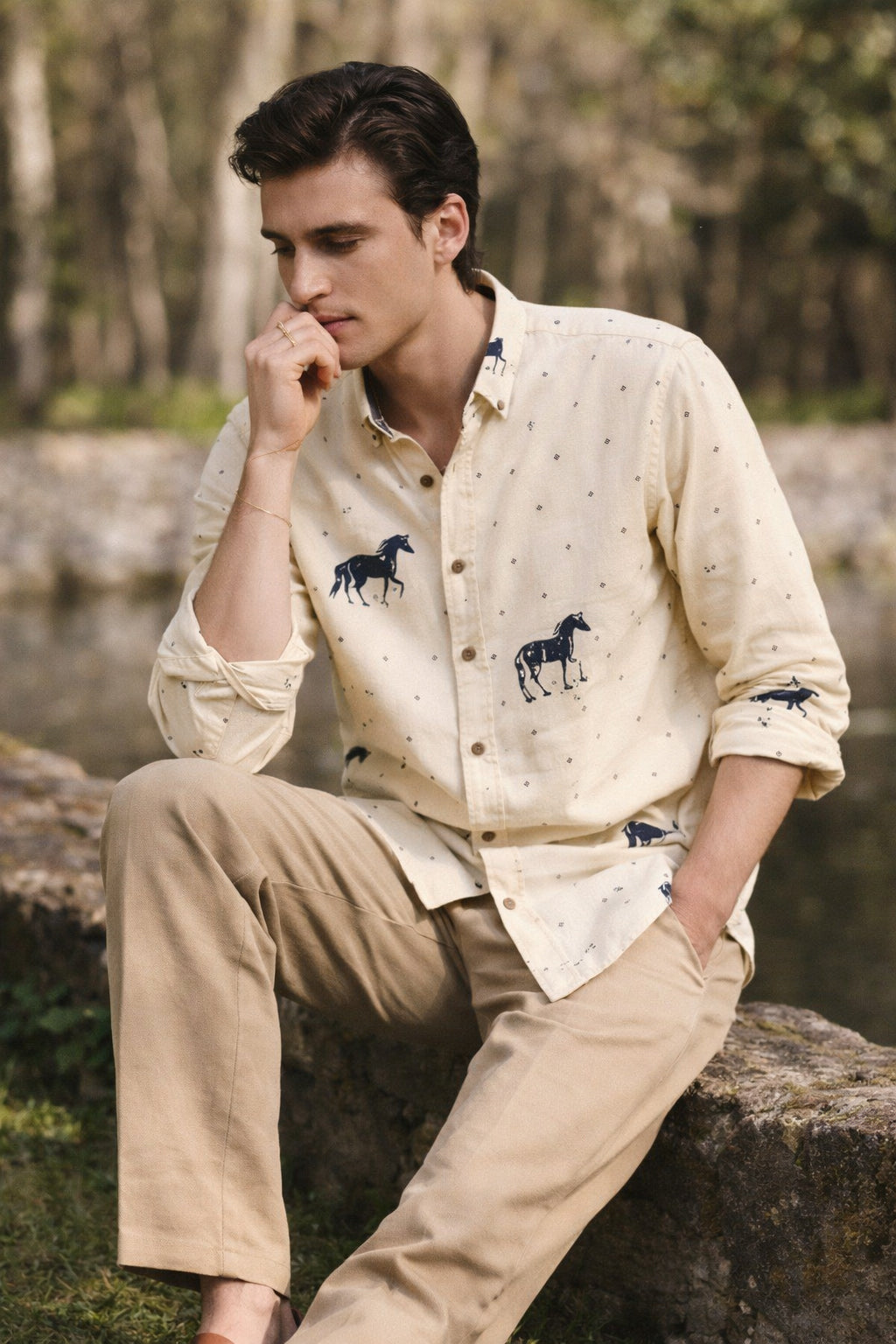 Desert Horse Motif Cotton Regular Fit Beige Printed  Shirt