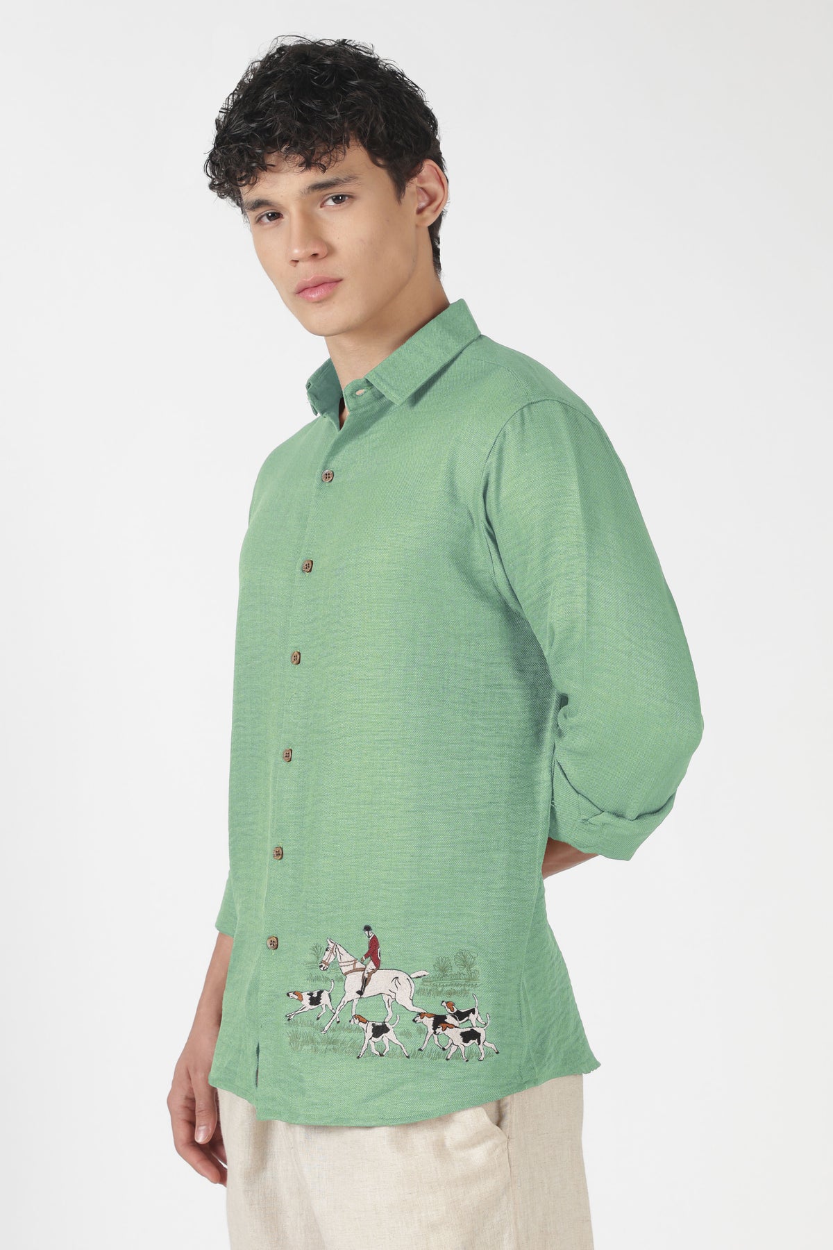 Saddle Equestrian Cotton Regular Fit Green Embroidered Shirt