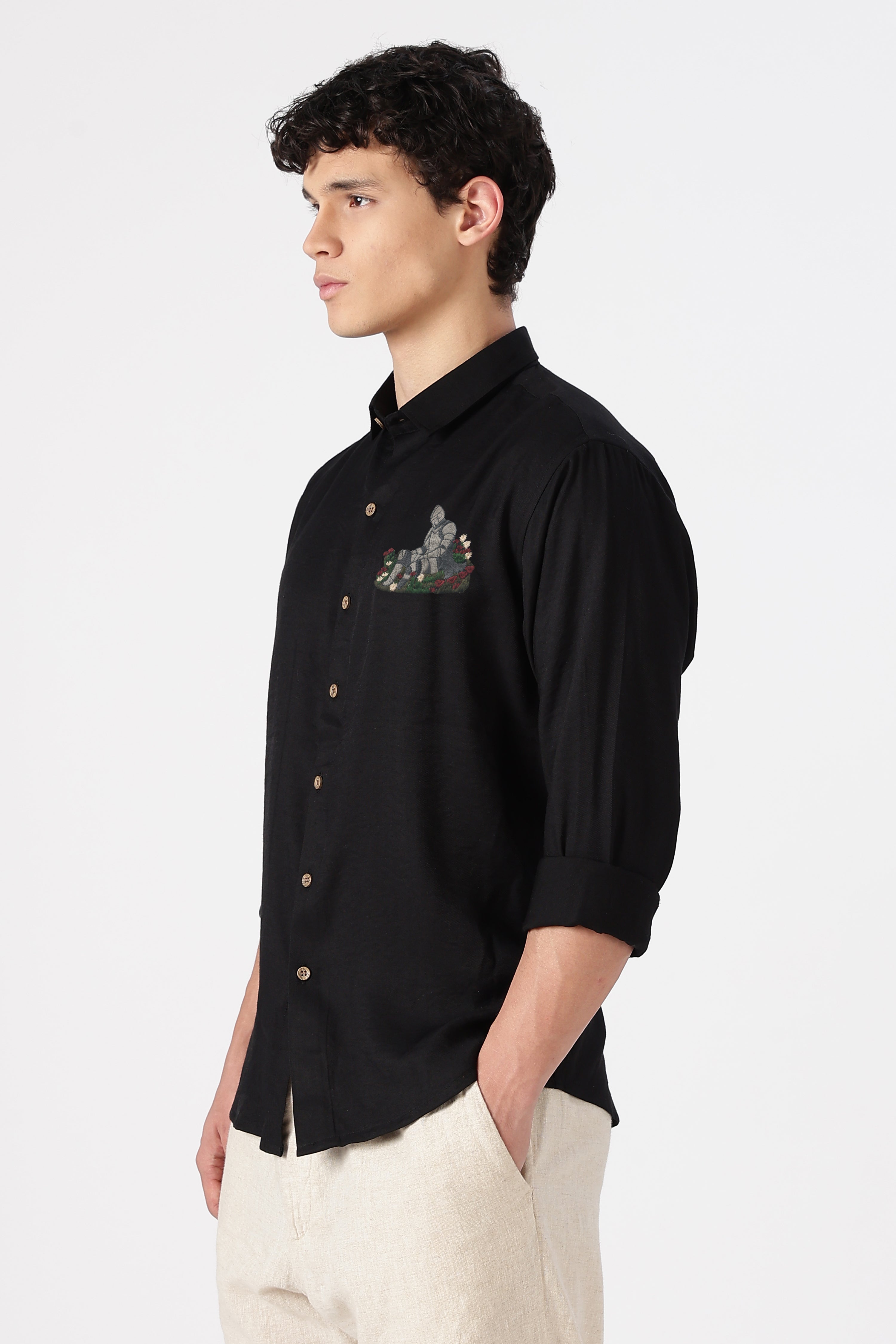 Medieval Knight Cotton Regular Fit Black Embroidered Shirt