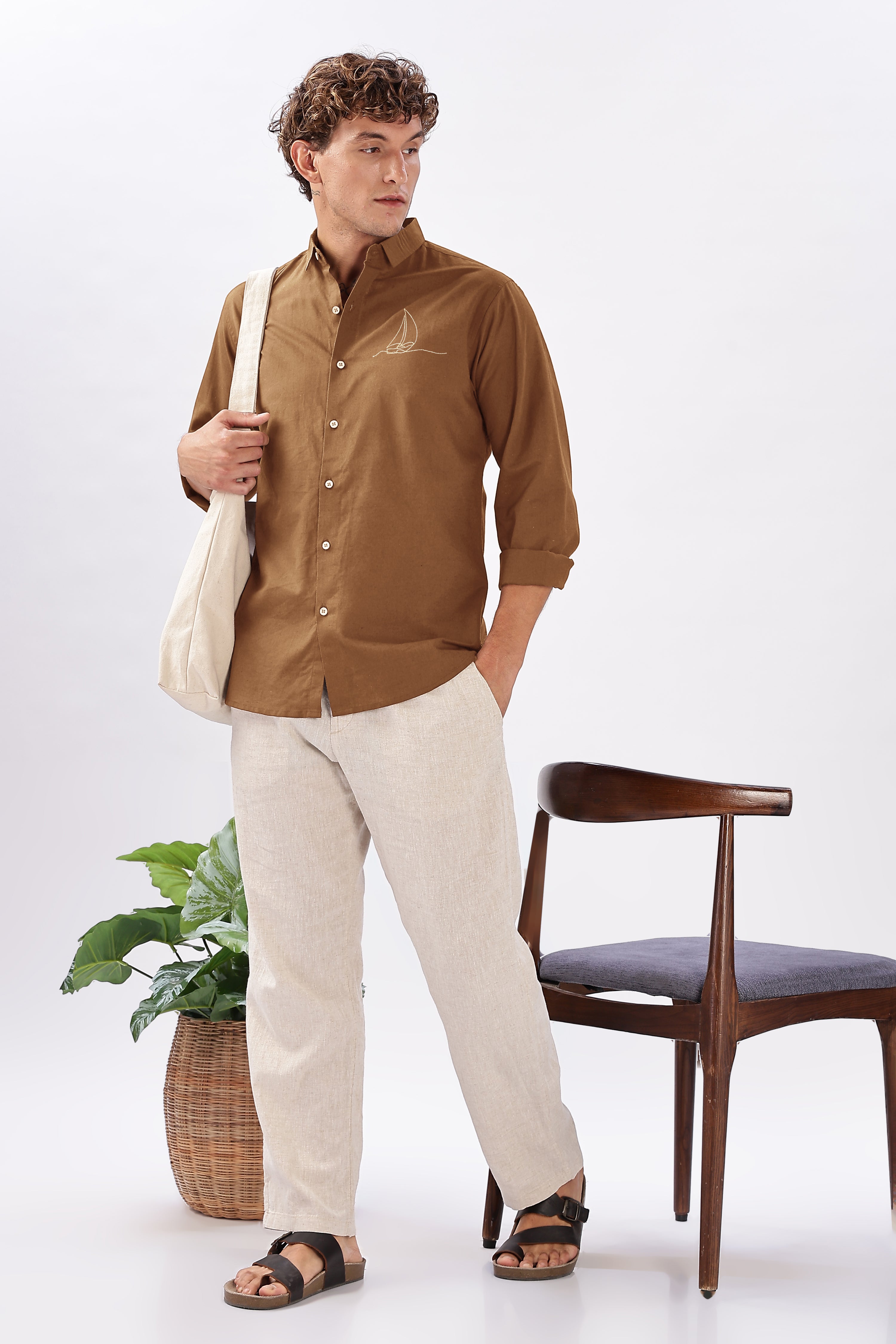 Baku Brown Cotton Box Fit Embroidery Shirt
