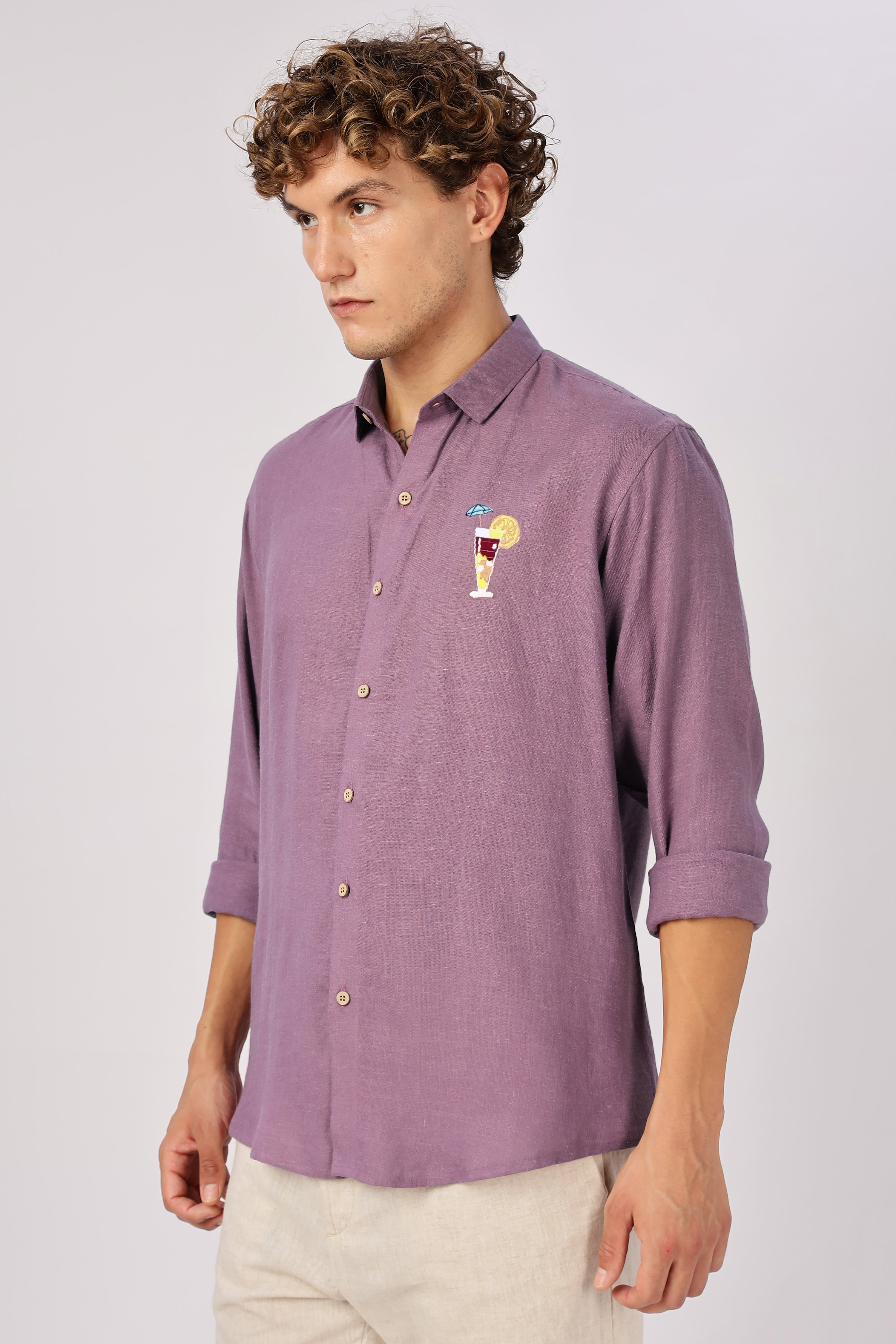 Sundowner Cocktail Cotton Regular Fit Lavender Embroidered Shirt
