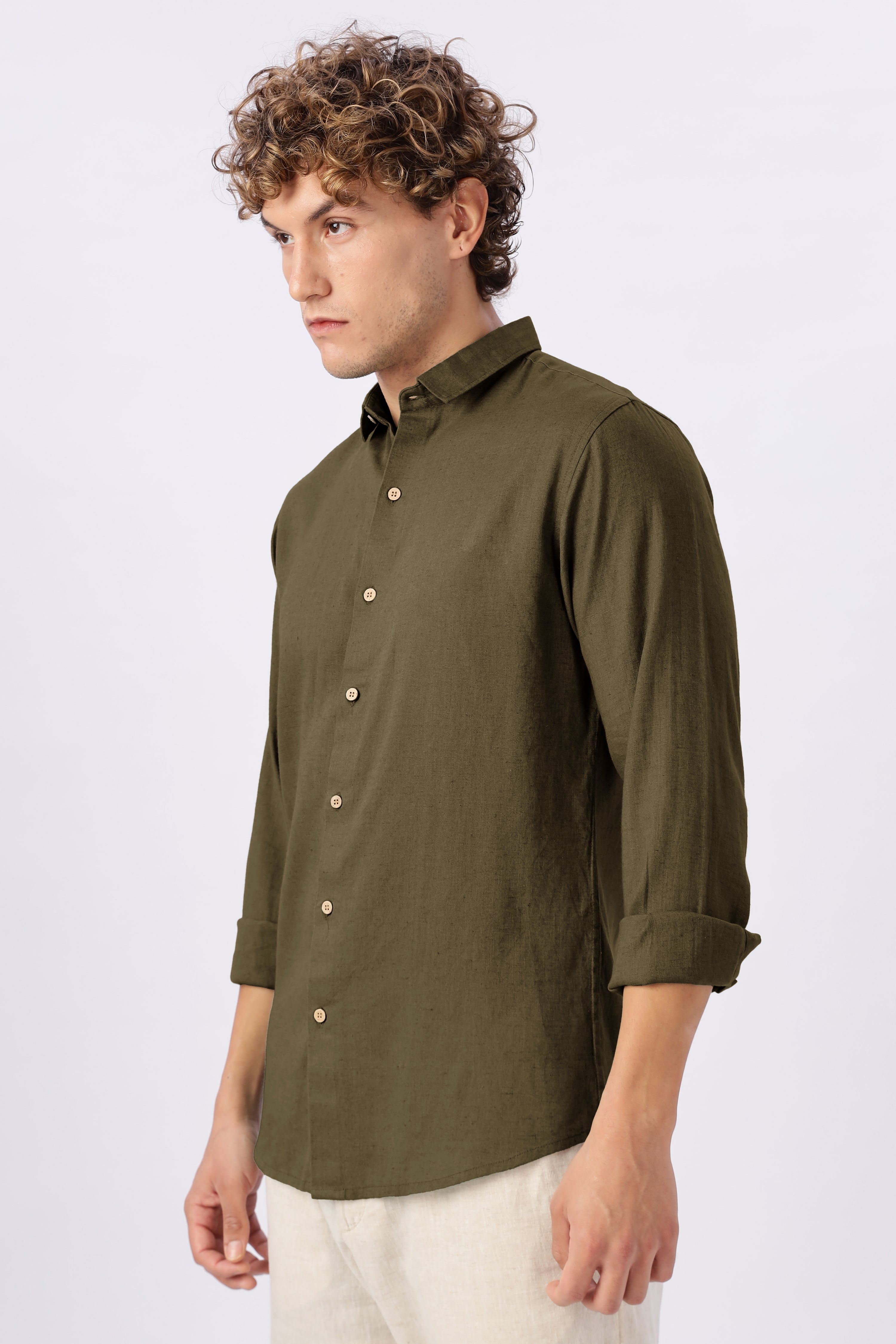 Olive Grove Linen Blend No Logo Regular Fit Green Shirt