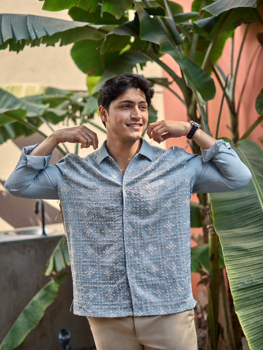 River Blue All Over Cotton Regular Fit Blue Embroidered Shirt