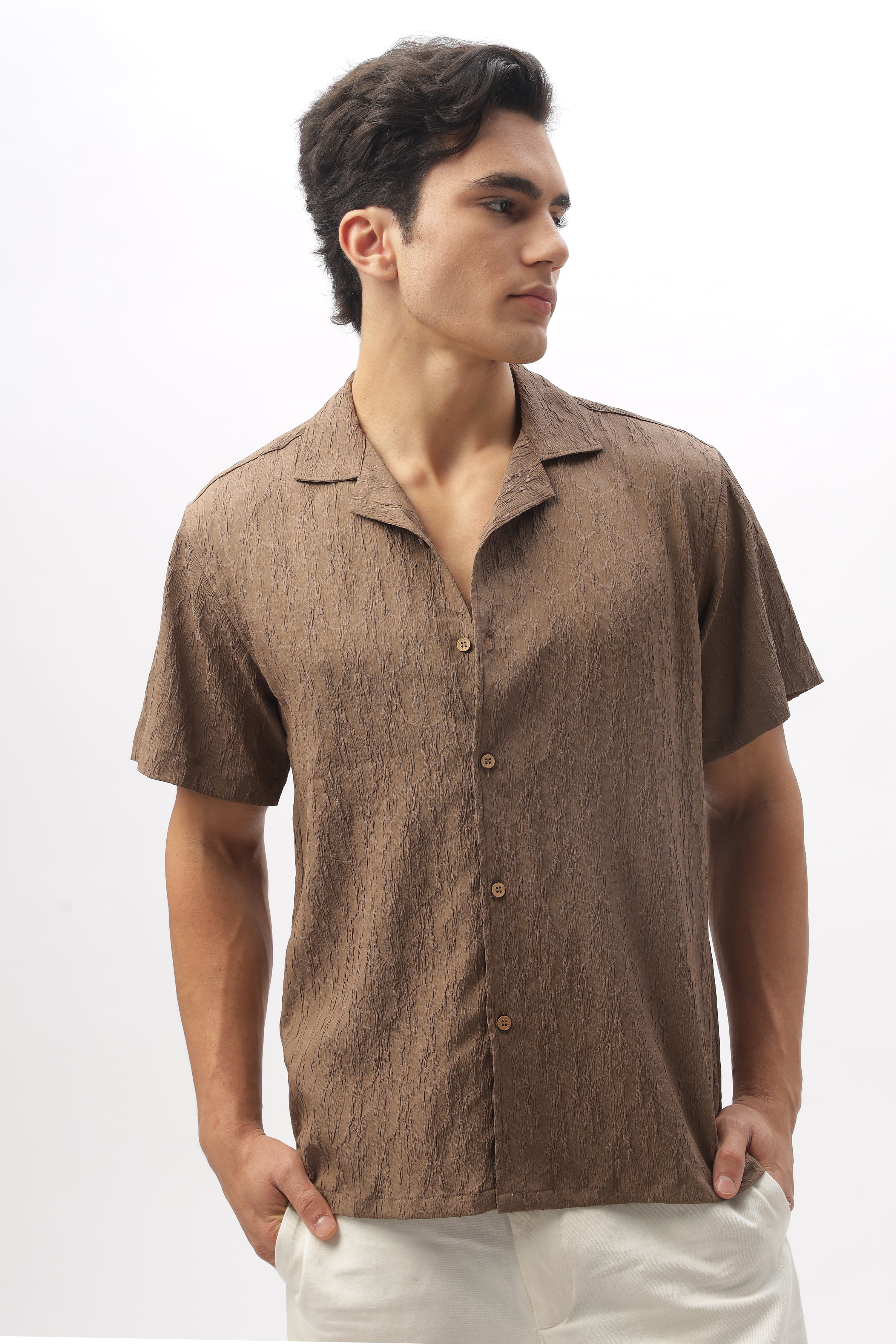 Masai Mara Brown Textured Cuban Collar Shirt