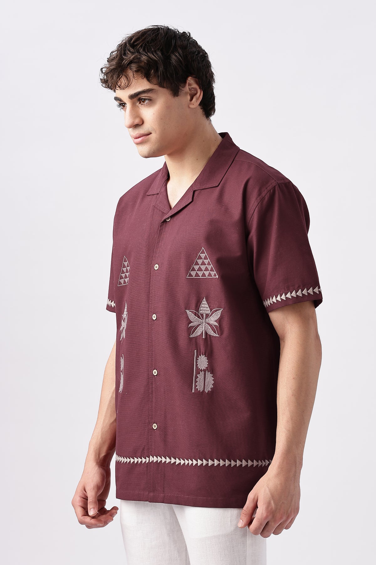 Temple Trail Cotton Box Fit Maroon Embroidered Shirt