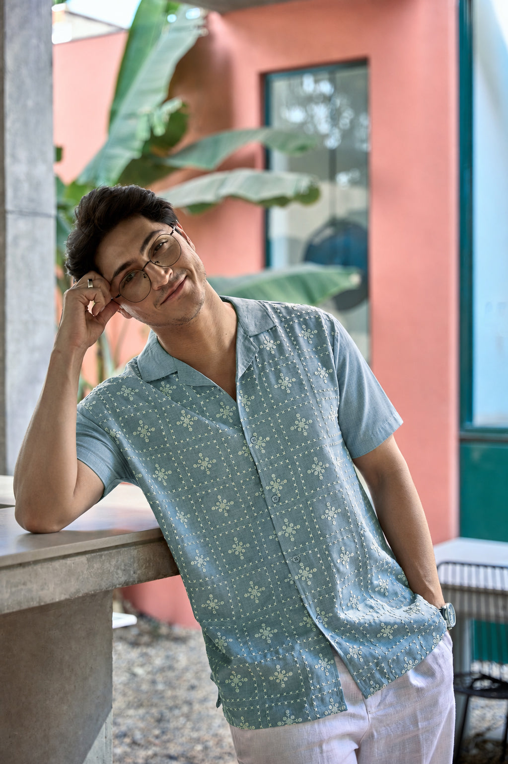 River Blue All Over Cotton Box Fit Blue Half Sleev Embroidered Shirt
