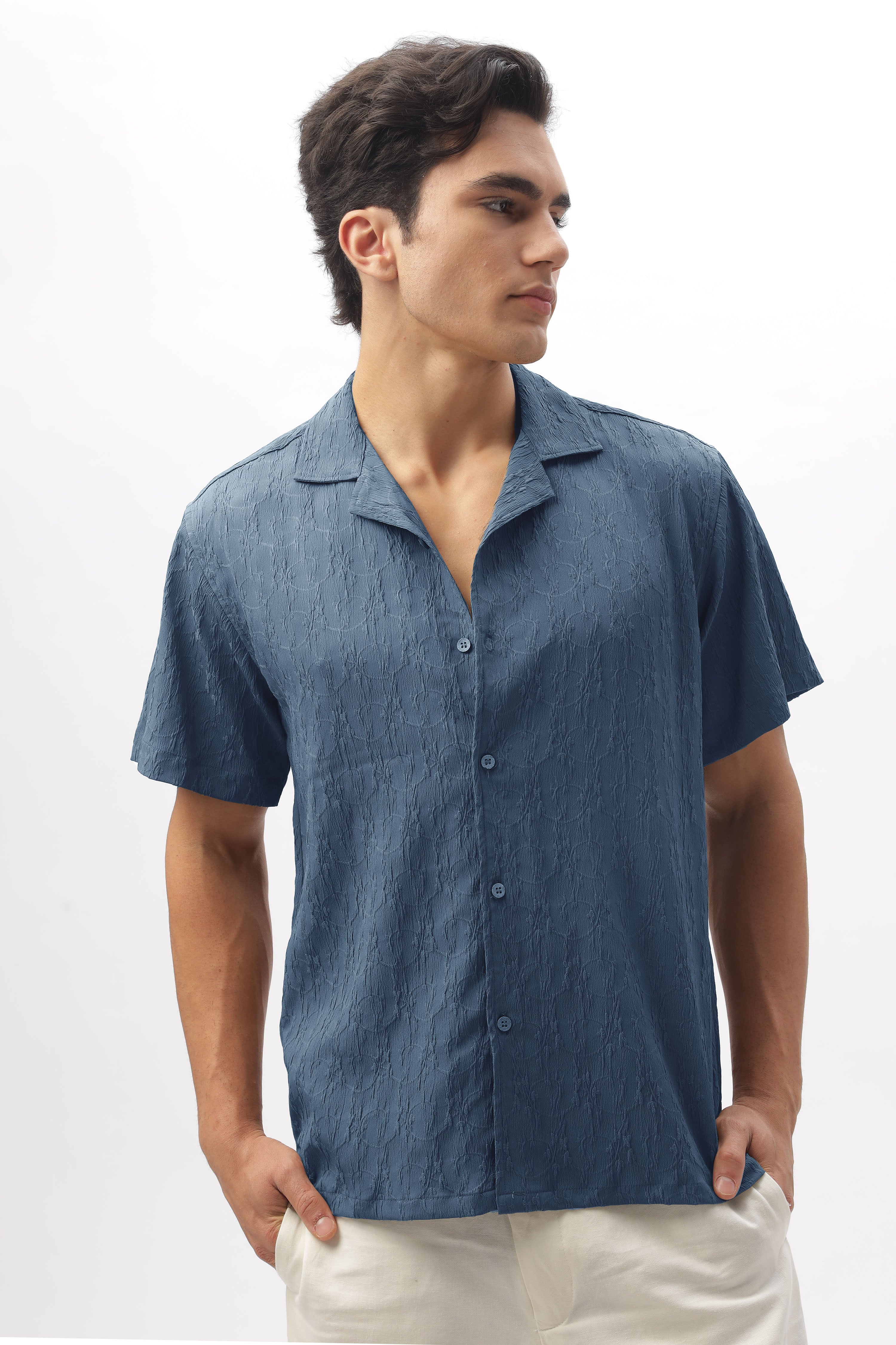 Denver Blue Textured Camp Collar Shirt