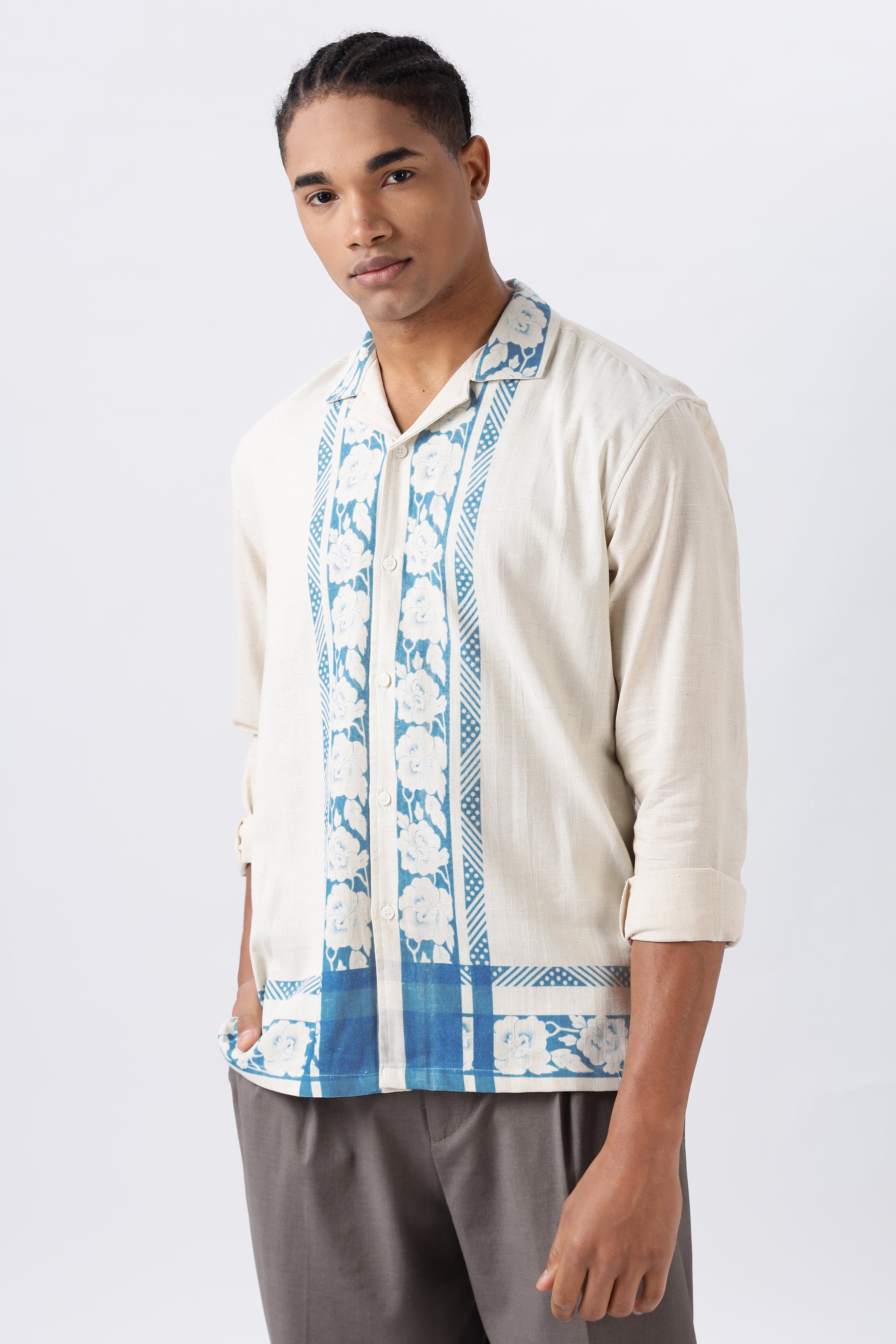 Bloom Summer Panel Cotton Box Fit Beige Shirt