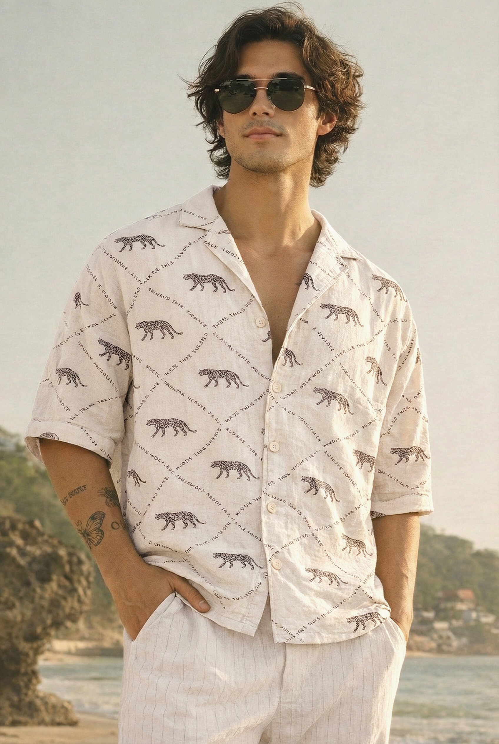 Savanna Stride 100% cotton Box Fit Beige Printed Shirt
