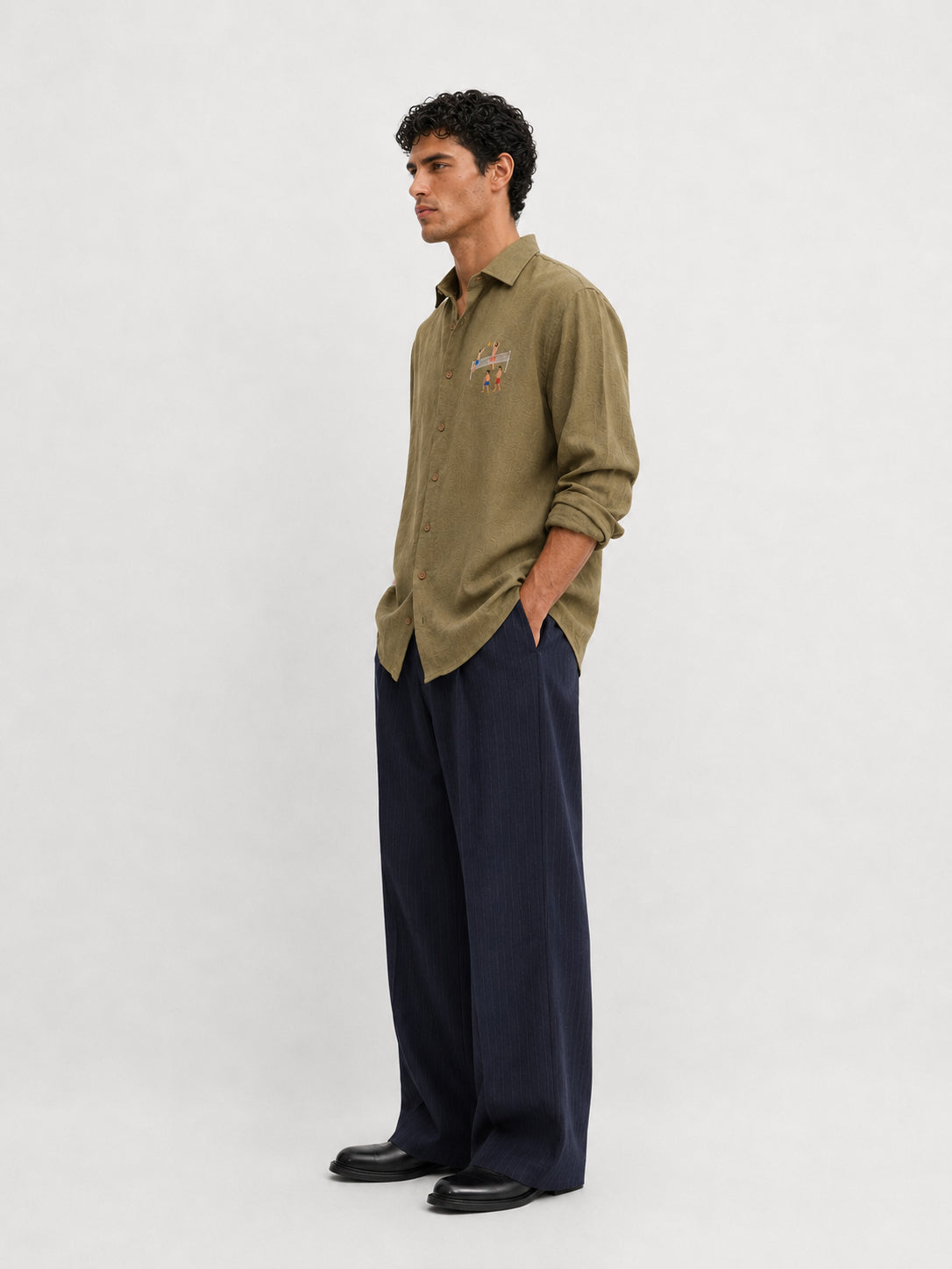 The Volleyball Cotton Regular Fit Olive Green Embroidered Shirt