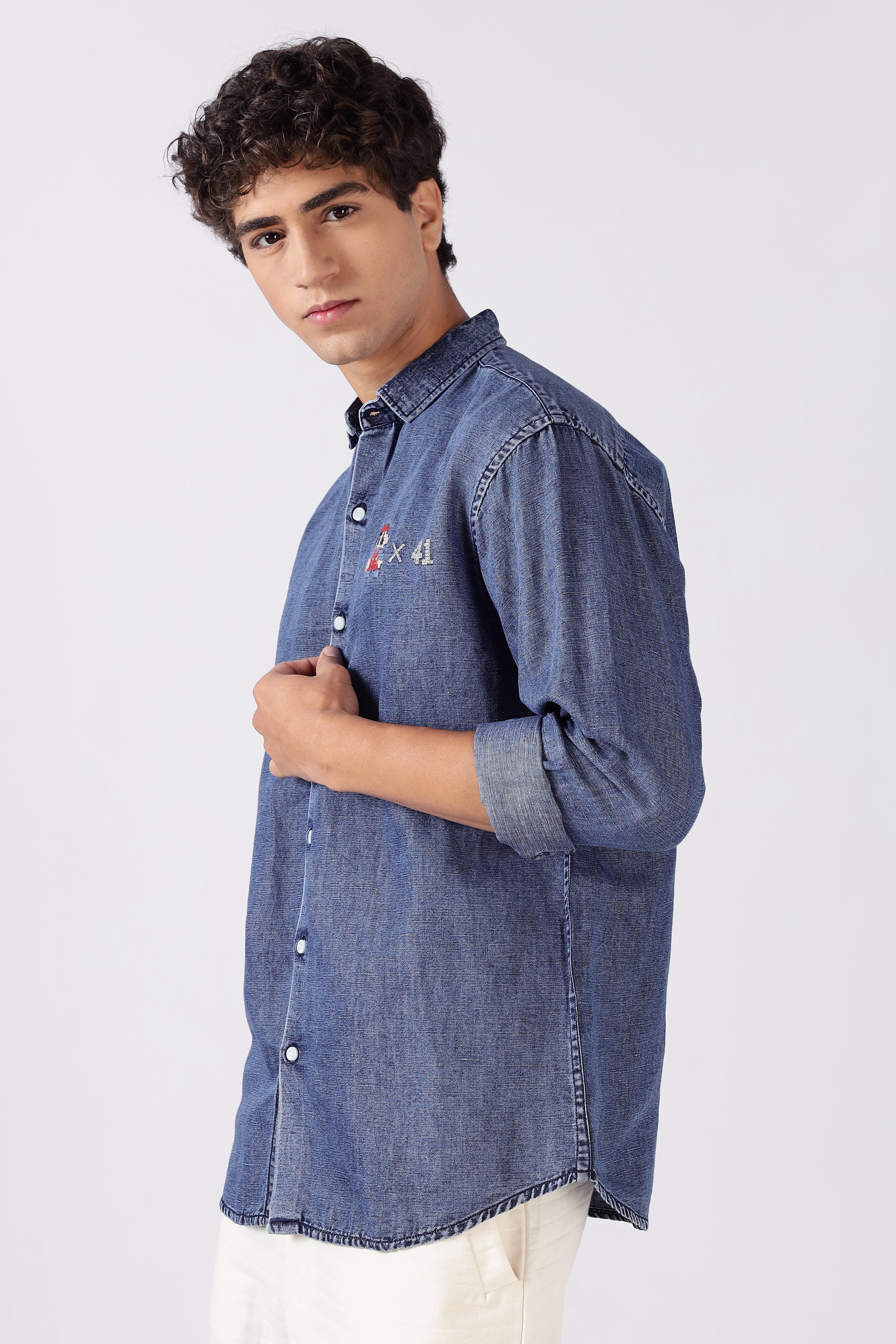 OG Mario Cotton Regular Fit Dark Blue Embroidered Denim Shirt