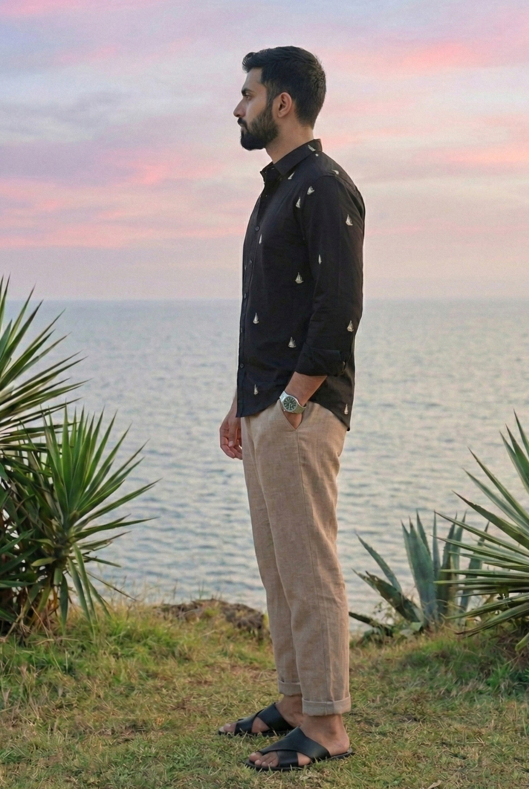 Midnight Sailboat Cotton Regular Fit Black Embroidered Shirt