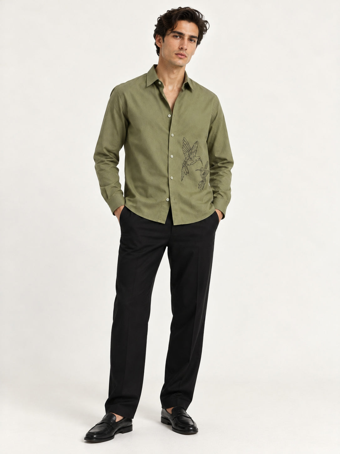 Humming(way) Birds Vienna Cotton Regular Fit Green Embroidery Shirt